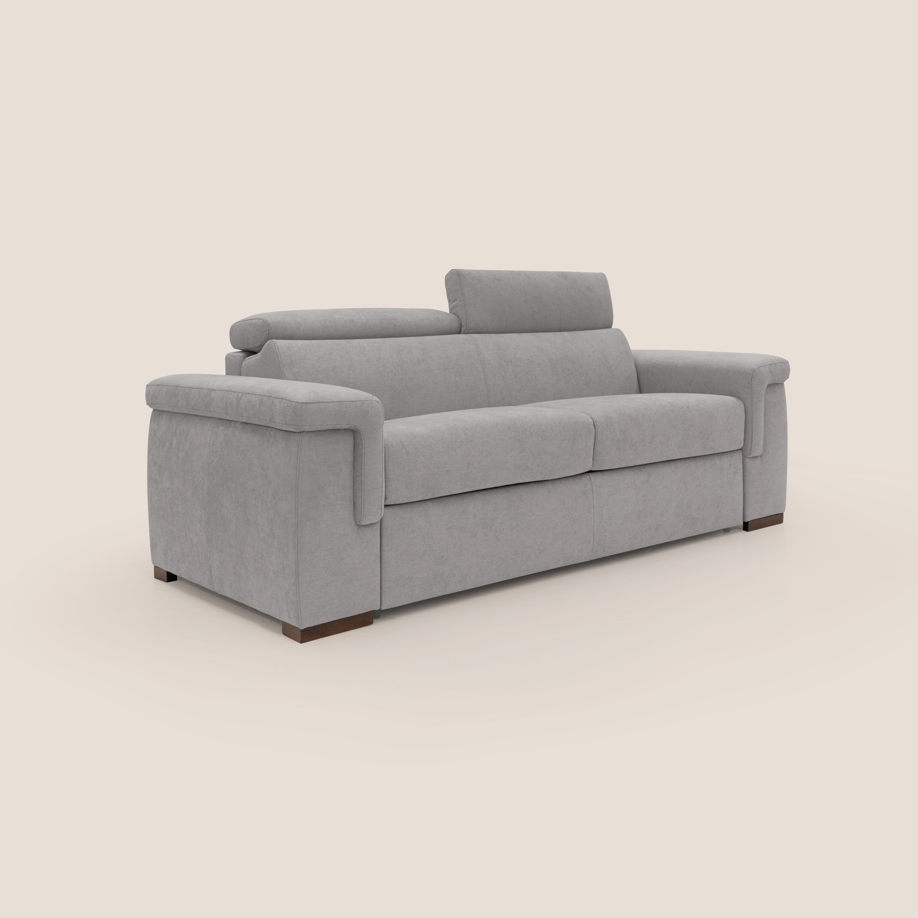 Giunone divano letto con materasso alto 18 cm e poggiatesta reclinabili in tessuto impermeabile T02 grigio chiaro - divani.store