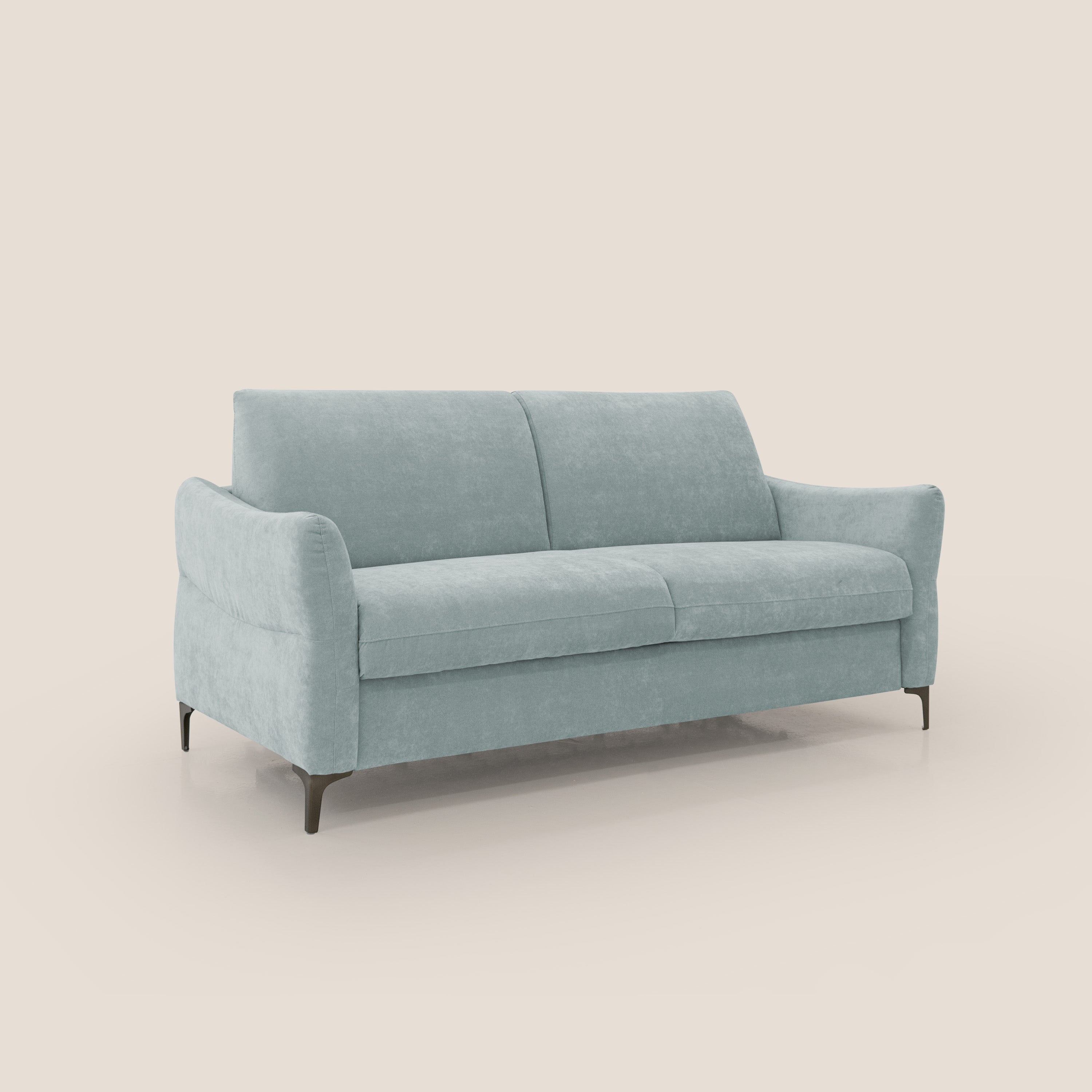 Dalia divano letto con materasso H18 cm e piedi alti in raffinato tessuto smacchiabile T17 verde acqua - divani.store