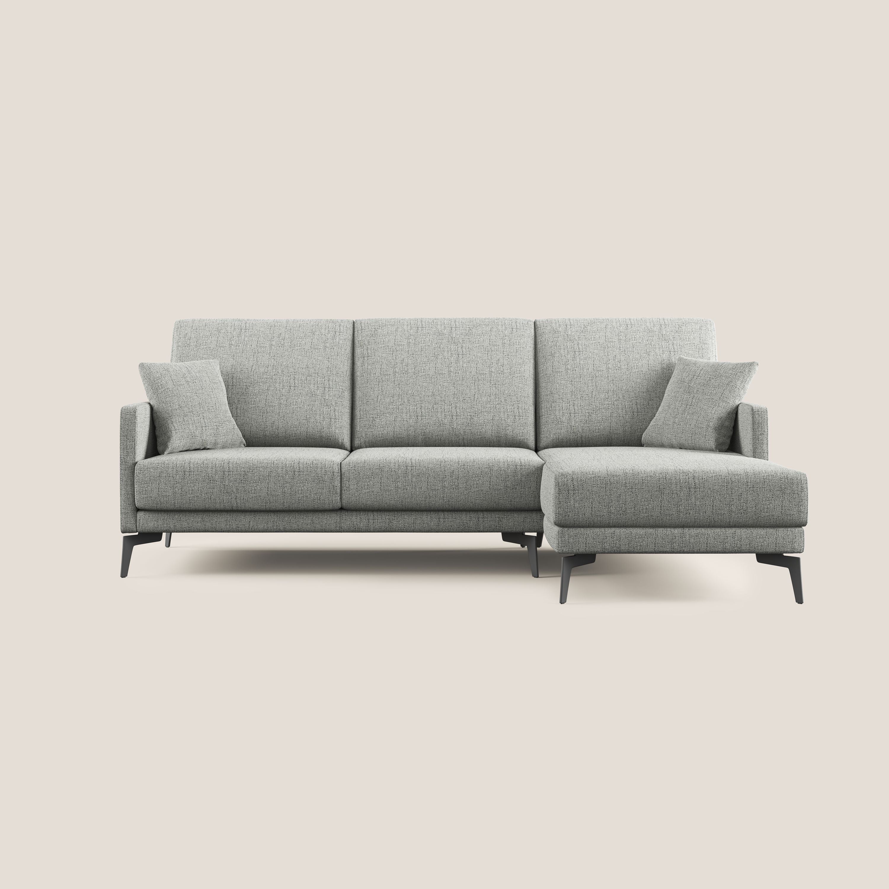 Saturno divano angolare moderno in tessuto morbido impermeabile T03 grigio chiaro - divani.store