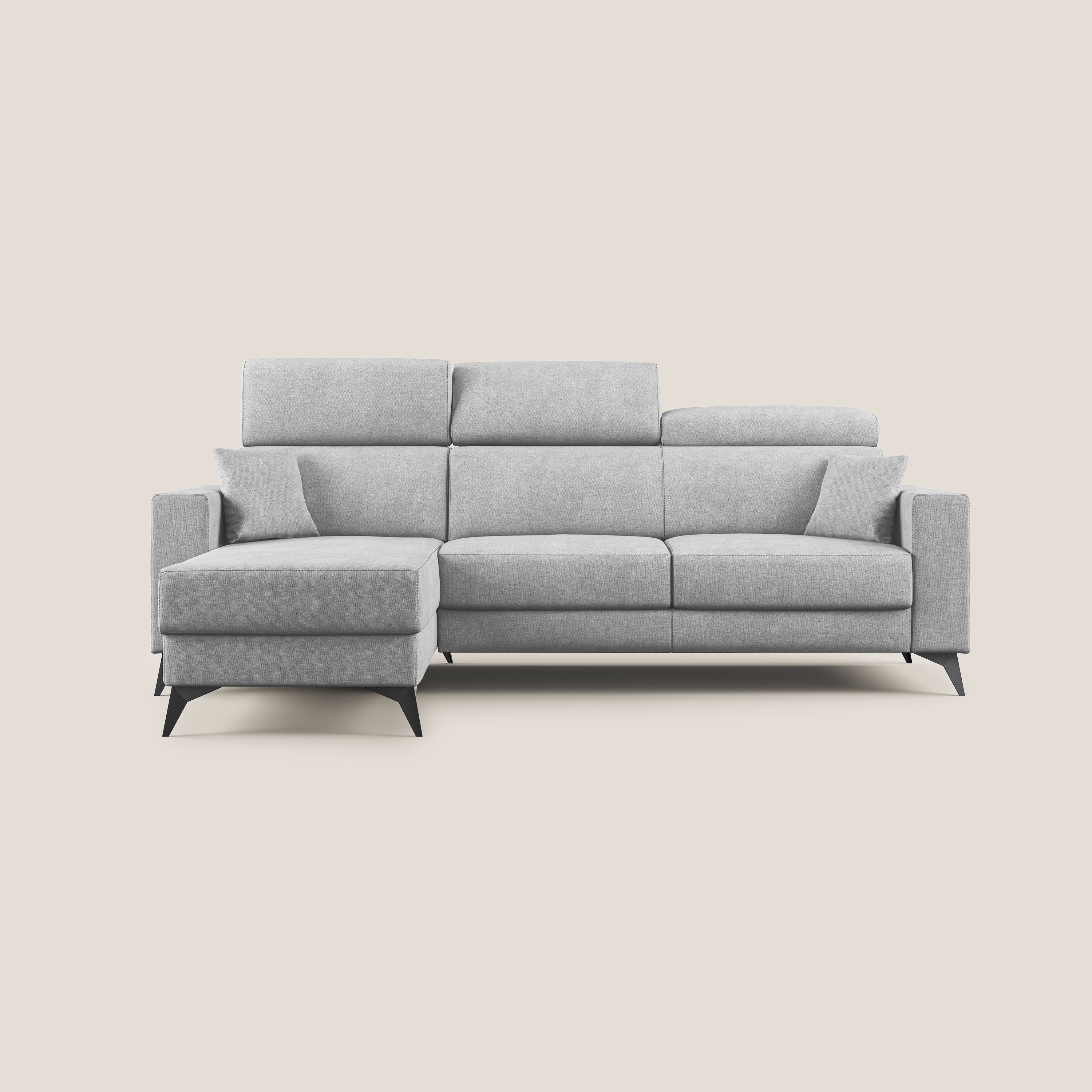 Pegaso divano letto angolare con poggiatesta reclinabili e rivestimento impermeabile T02 grigio chiaro - divani.store
