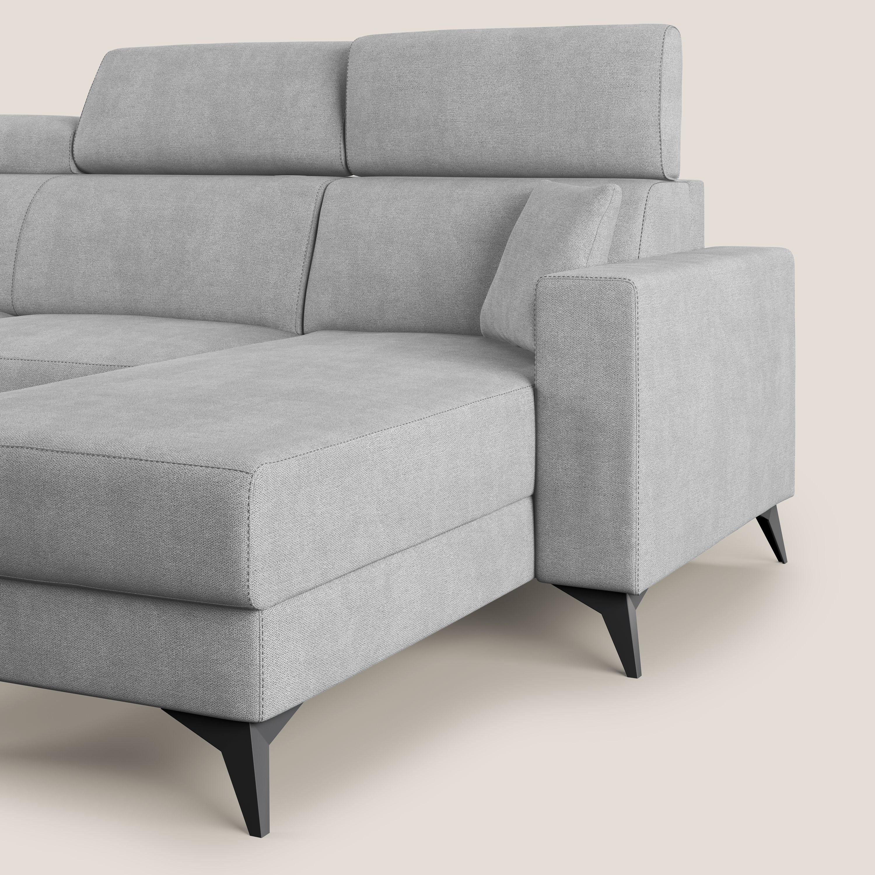 Pegaso divano letto angolare con poggiatesta reclinabili e rivestimento impermeabile T02 grigio chiaro - divani.store