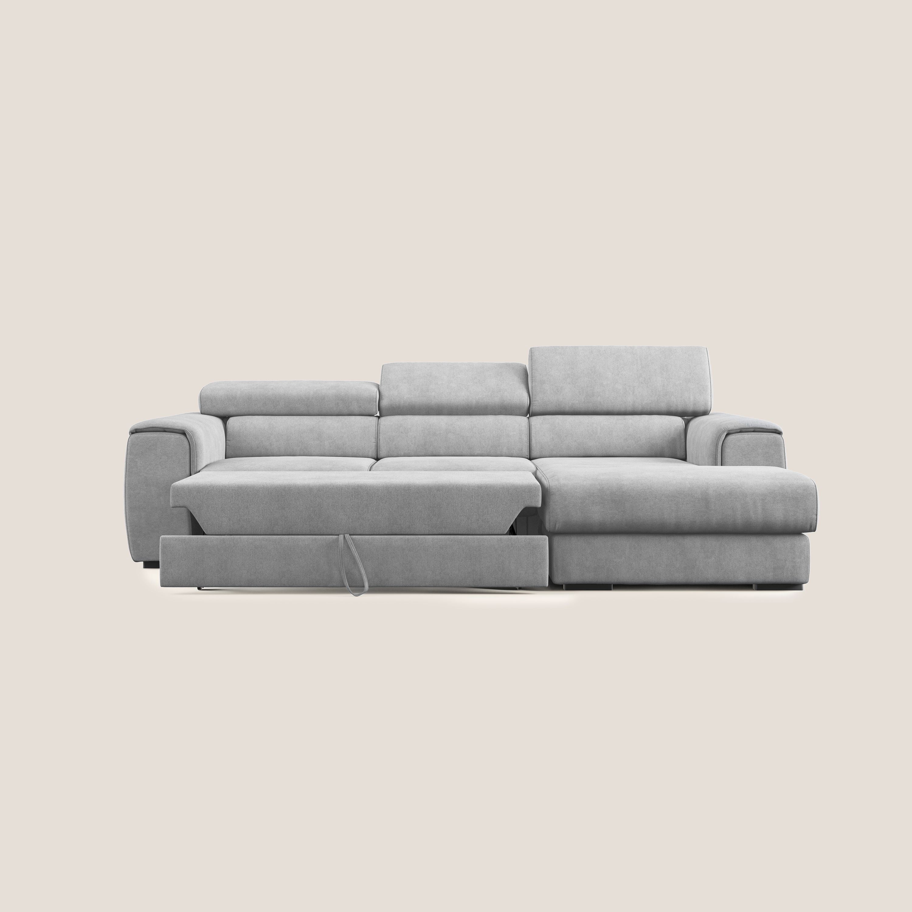 Zeno Divano angolare con pouf estraibile poggiapiedi in tessuto morbido impermeabile T02 grigio chiaro - divani.store