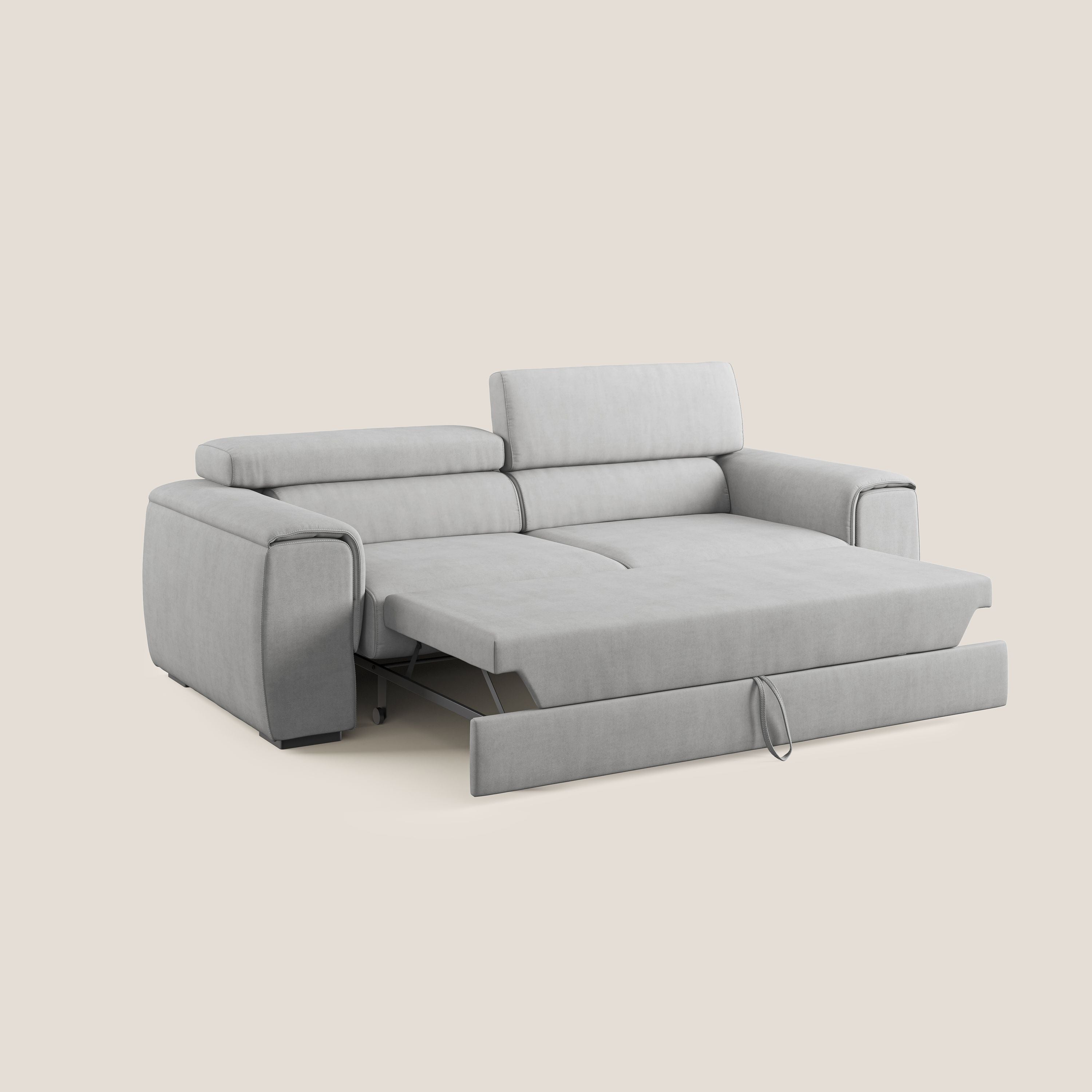 Zeno Divano con pouf estraibile poggiapiedi in tessuto morbido impermeabile T02 grigio chiaro - divani.store