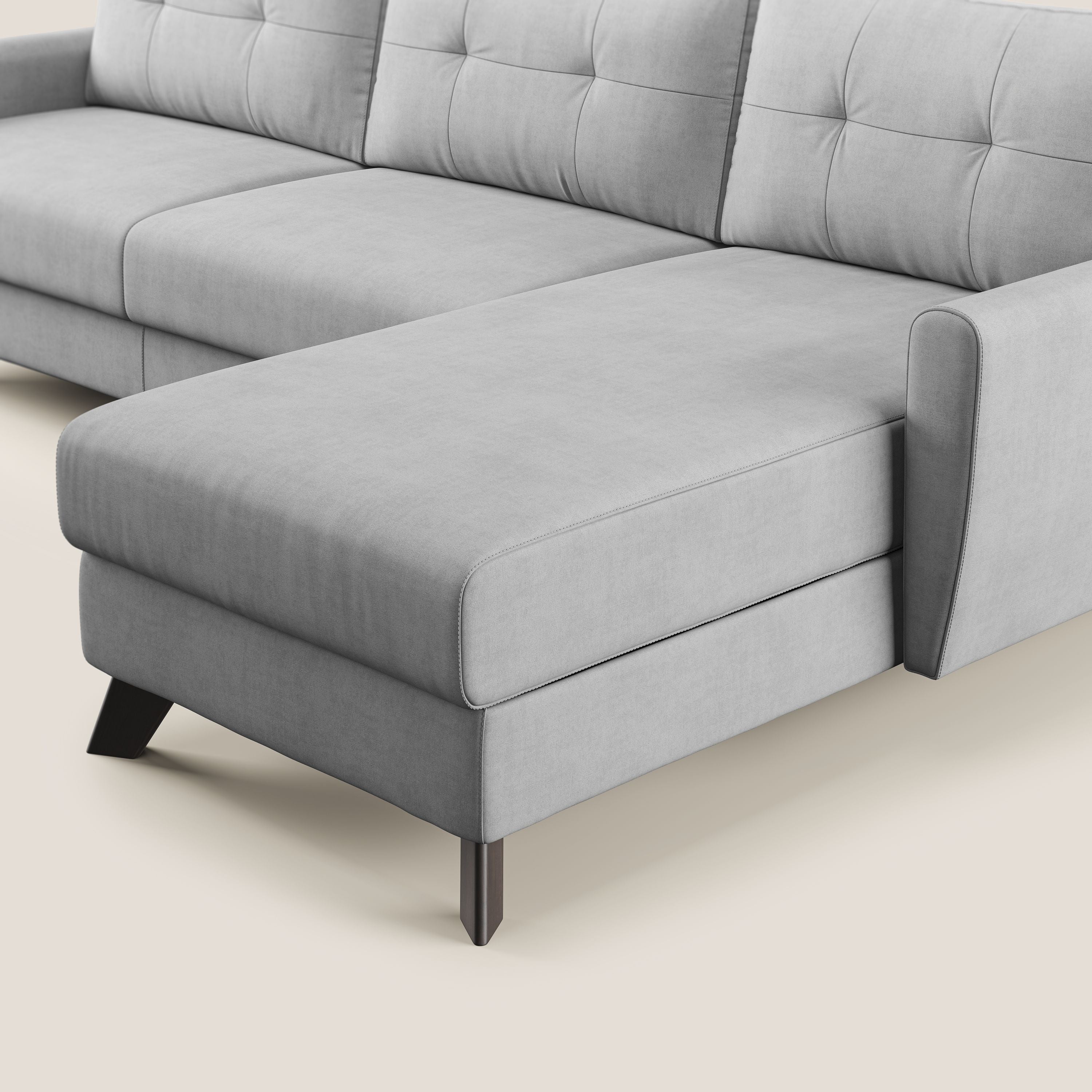 Callisto Divano letto angolare con penisola in tessuto morbido impermeabile T02 grigio chiaro - divani.store