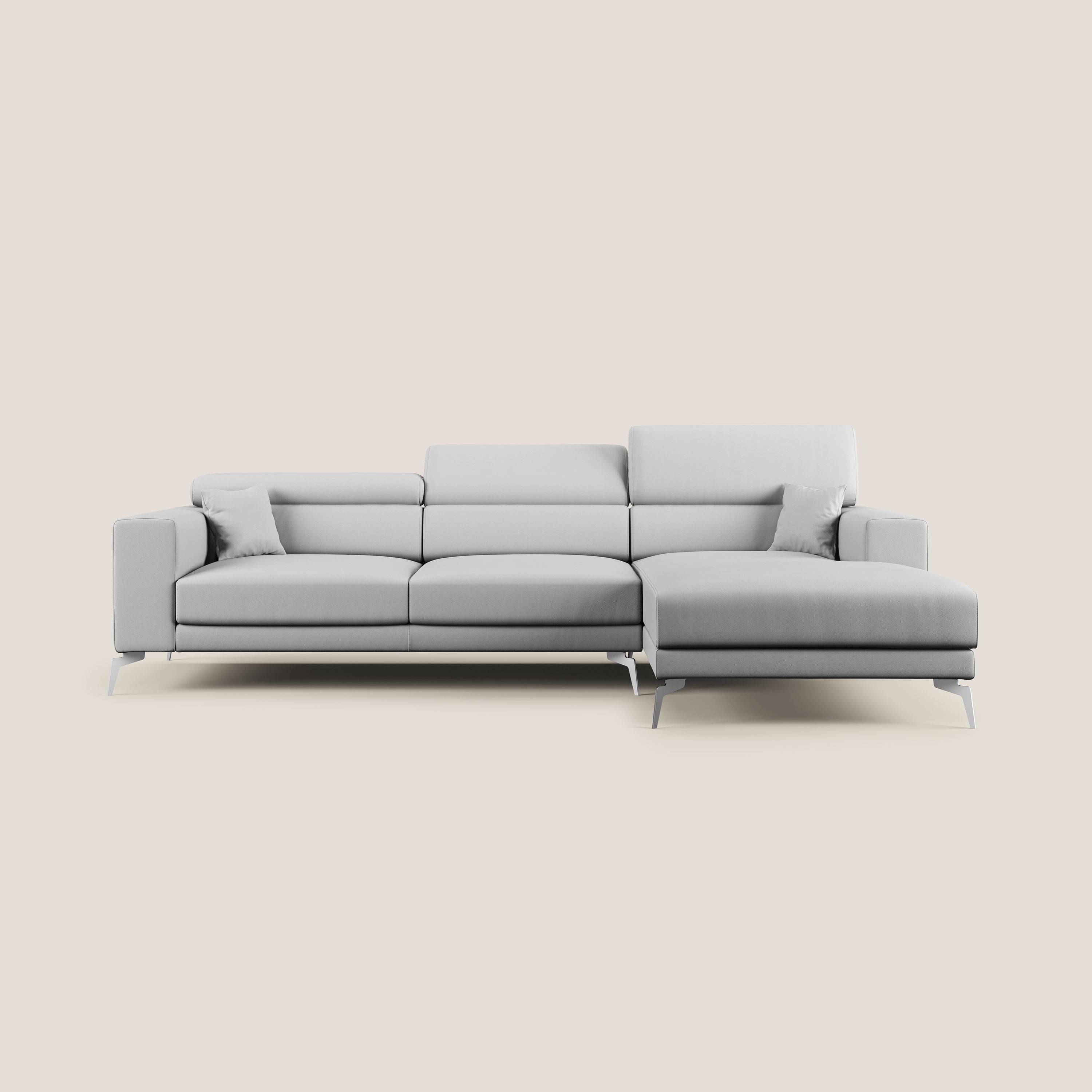 Blade Divano moderno angolare con poggiatesta reclinabili in Ecopelle T04 grigio chiaro - divani.store