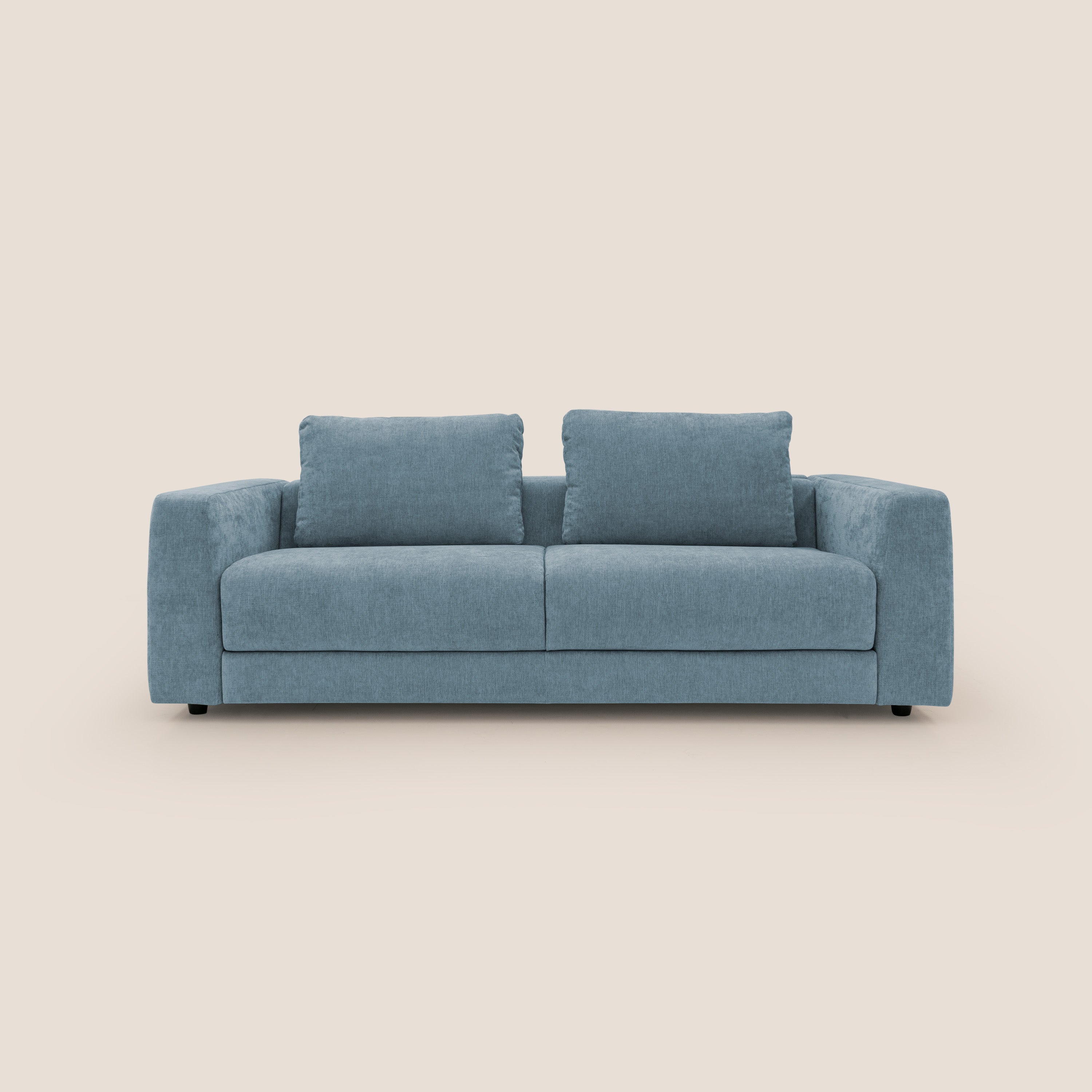 Freia Divano letto minimal materasso h15 cm con morbidi schienali in tessuto impermeabile T14 carta da zucchero - divani.store