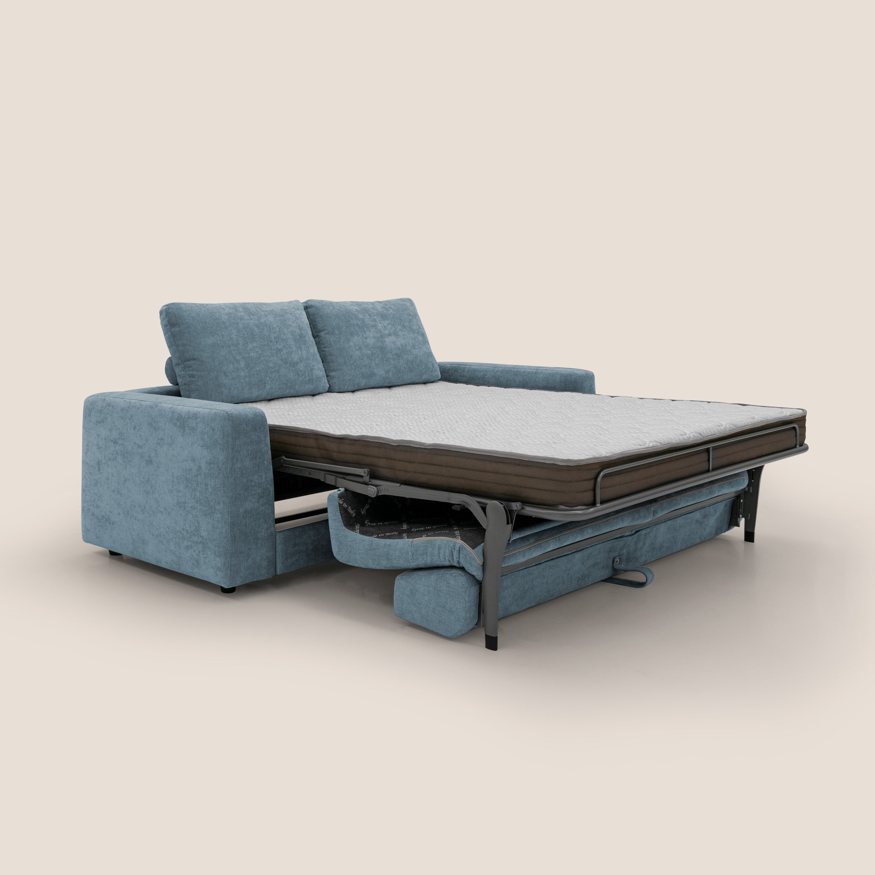 Freia Divano letto minimal materasso h15 cm con morbidi schienali in tessuto impermeabile T14 carta da zucchero - divani.store