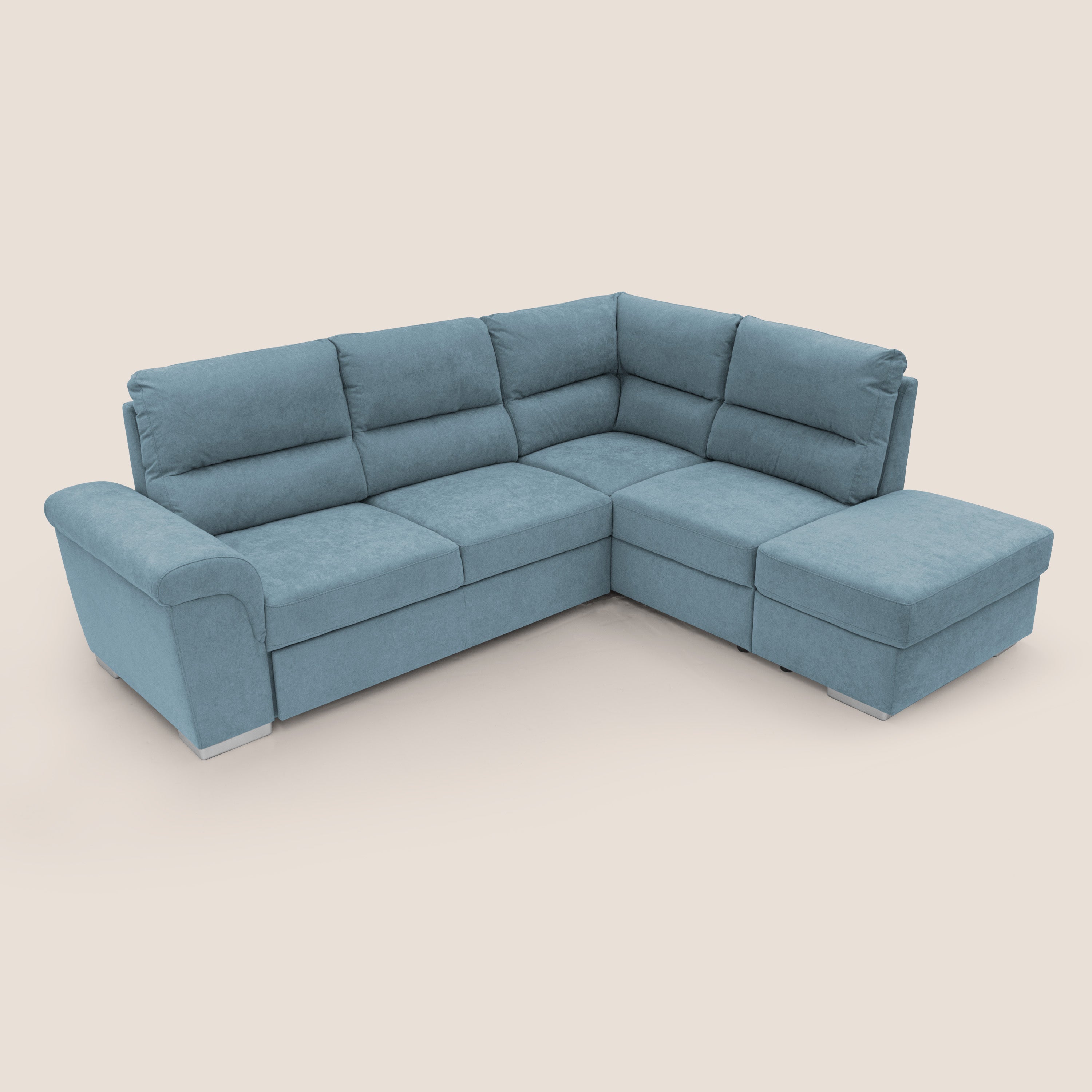 Minerva divano angolare con estraibile a cassettone e pouf contenitore in tessuto morbido impermeabile T02 carta da zucchero - divani.store