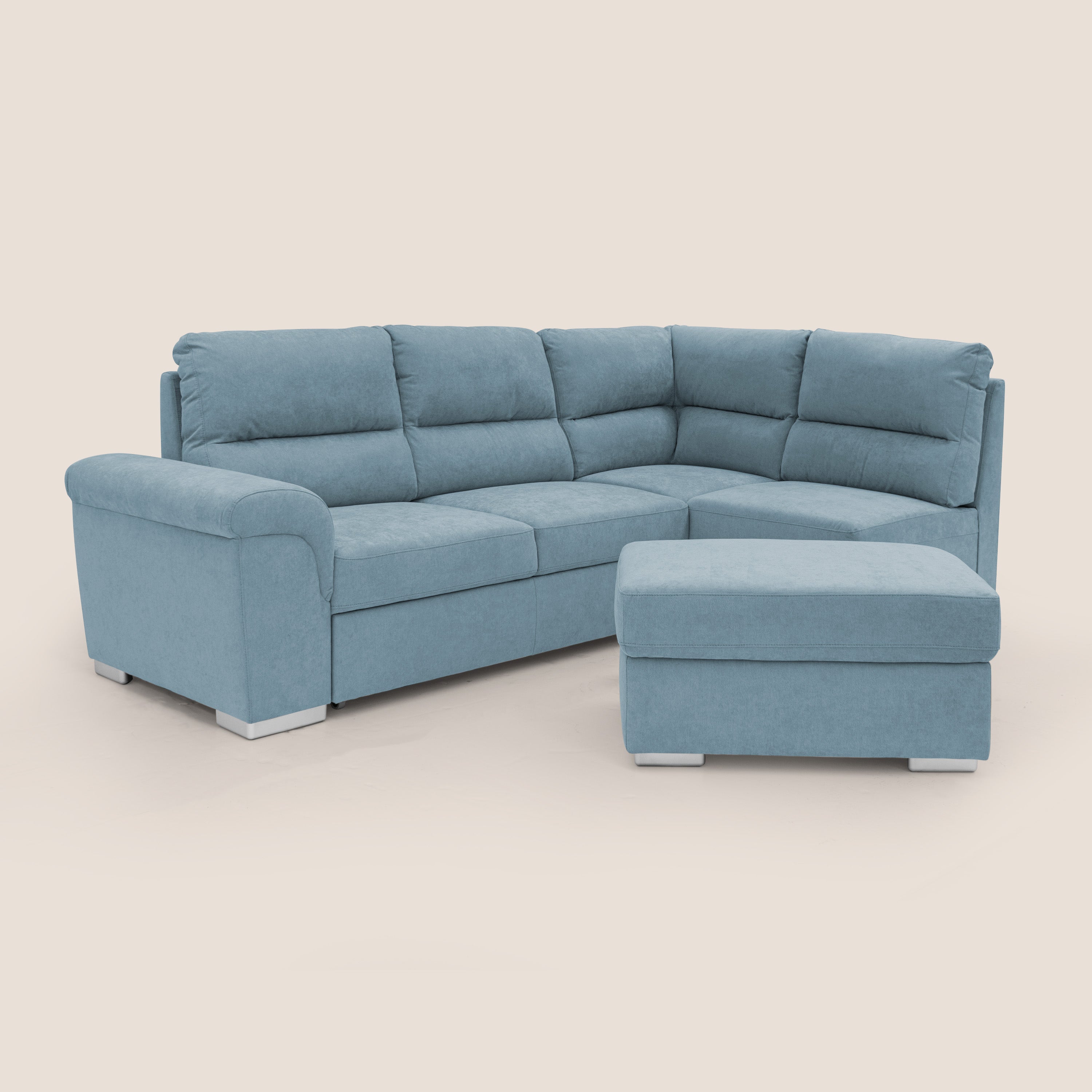 Minerva divano angolare con estraibile a cassettone e pouf contenitore in tessuto morbido impermeabile T02 carta da zucchero - divani.store