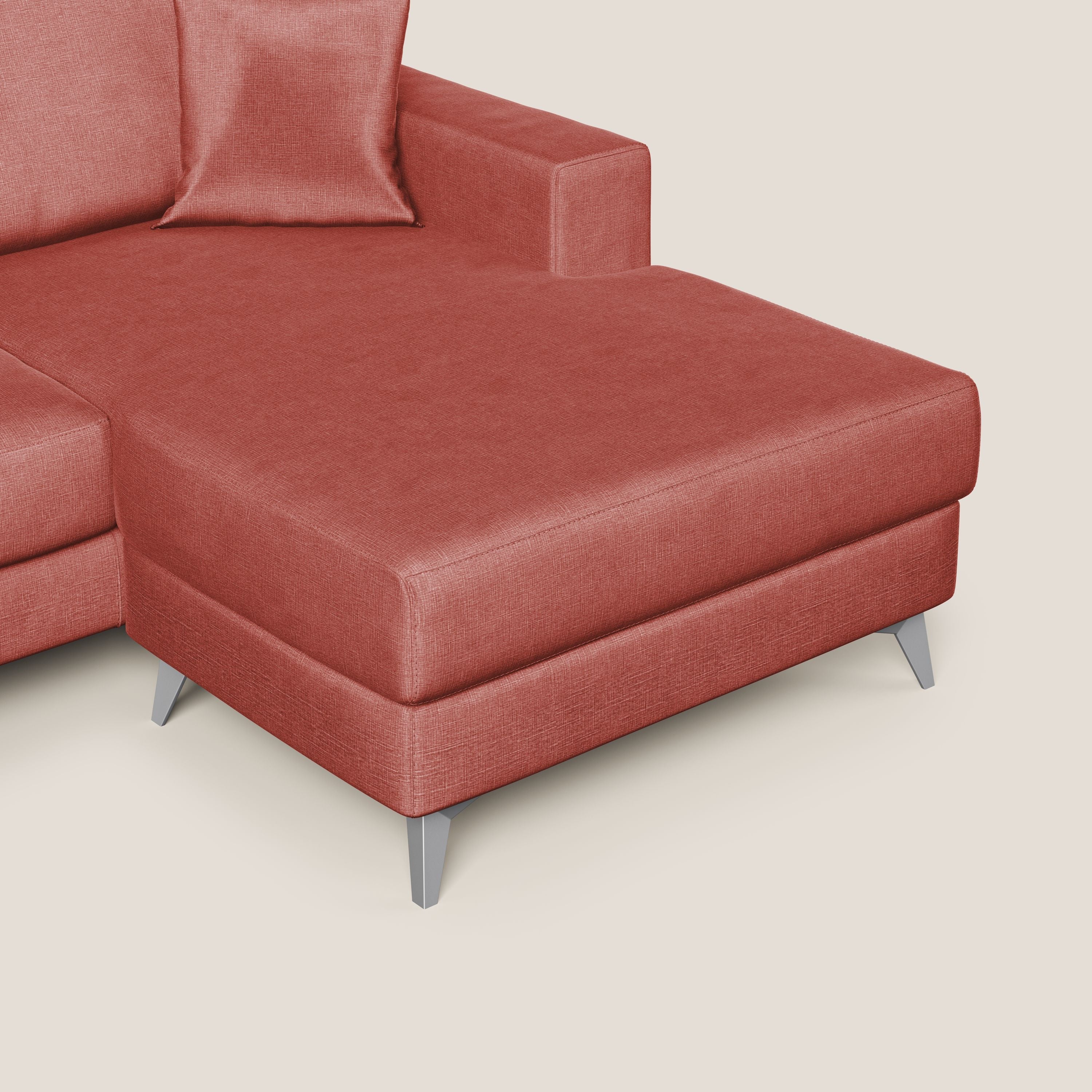 Michael divano moderno angolare con penisola in morbido velluto impermeabile T01 salmone - divani.store