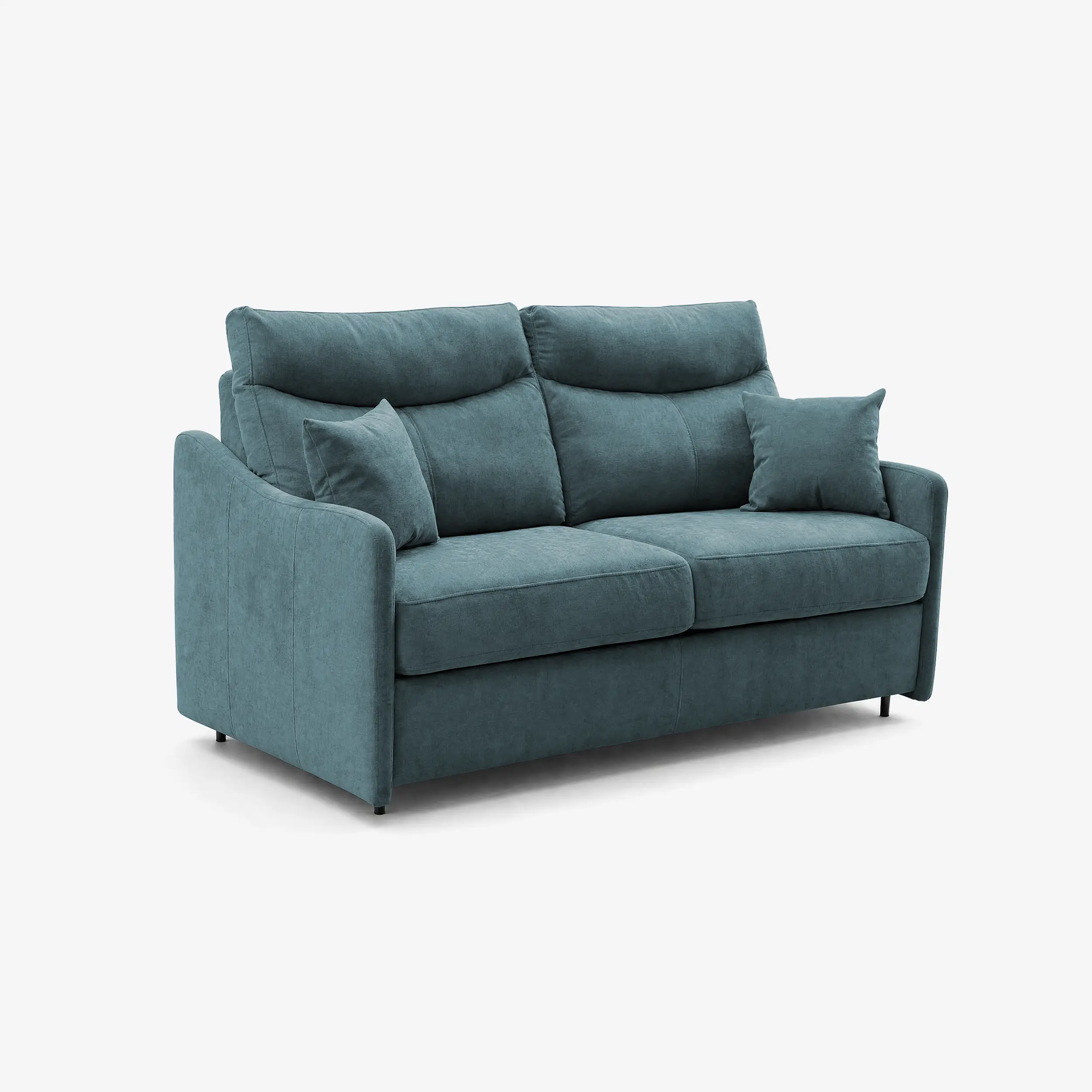 Il divano letto a 3 posti Lodovico di Divani.Store è caratterizzato da un moderno tessuto color verde acqua certificato Oeko-Tex e resistente alle macchie, due cuscini per la seduta e lo schienale, due cuscini quadrati abbinati, braccioli ricurvi e gambe corte nere.