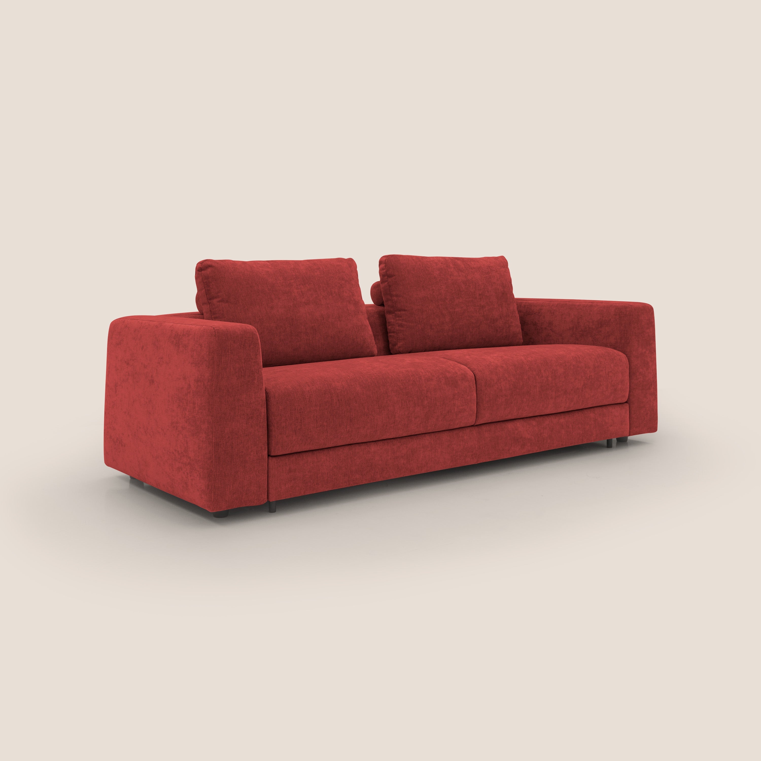 Freia Divano letto minimal materasso h15 cm con morbidi schienali in tessuto impermeabile T14 rosso - divani.store