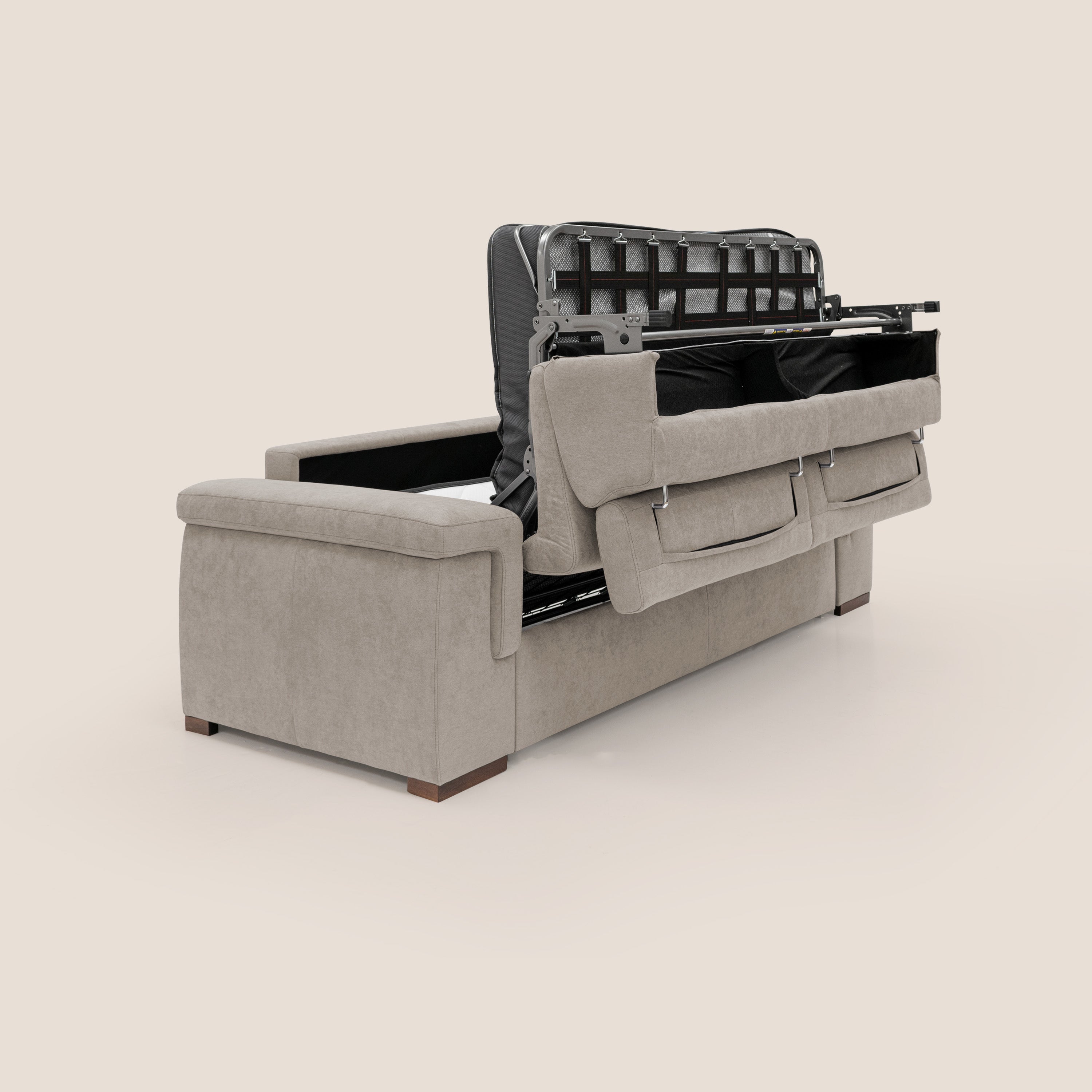 Giunone divano letto con materasso alto 18 cm e poggiatesta reclinabili in tessuto impermeabile T02 beige - divani.store