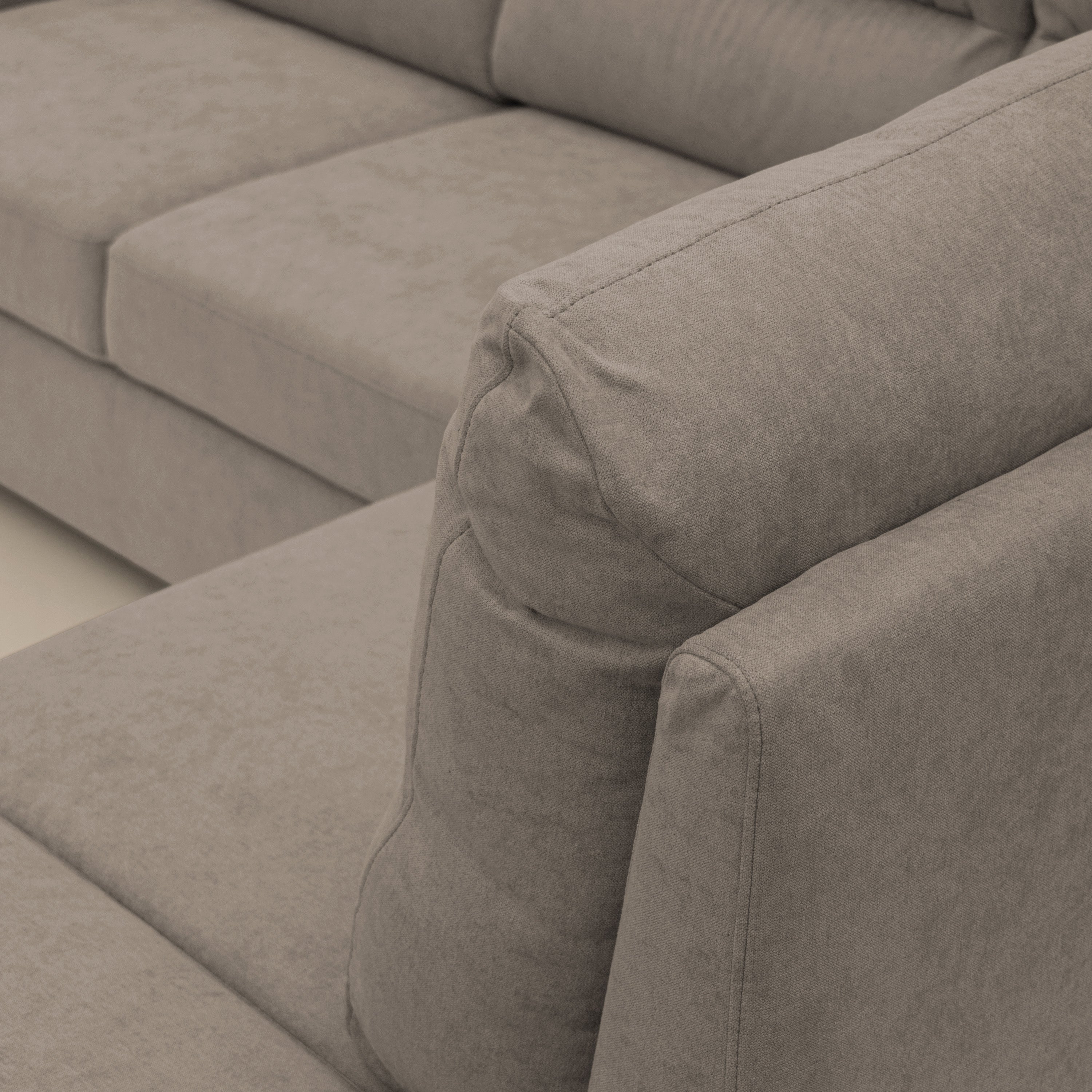 Minerva divano angolare con estraibile a cassettone e pouf contenitore in tessuto morbido impermeabile T02 beige - divani.store