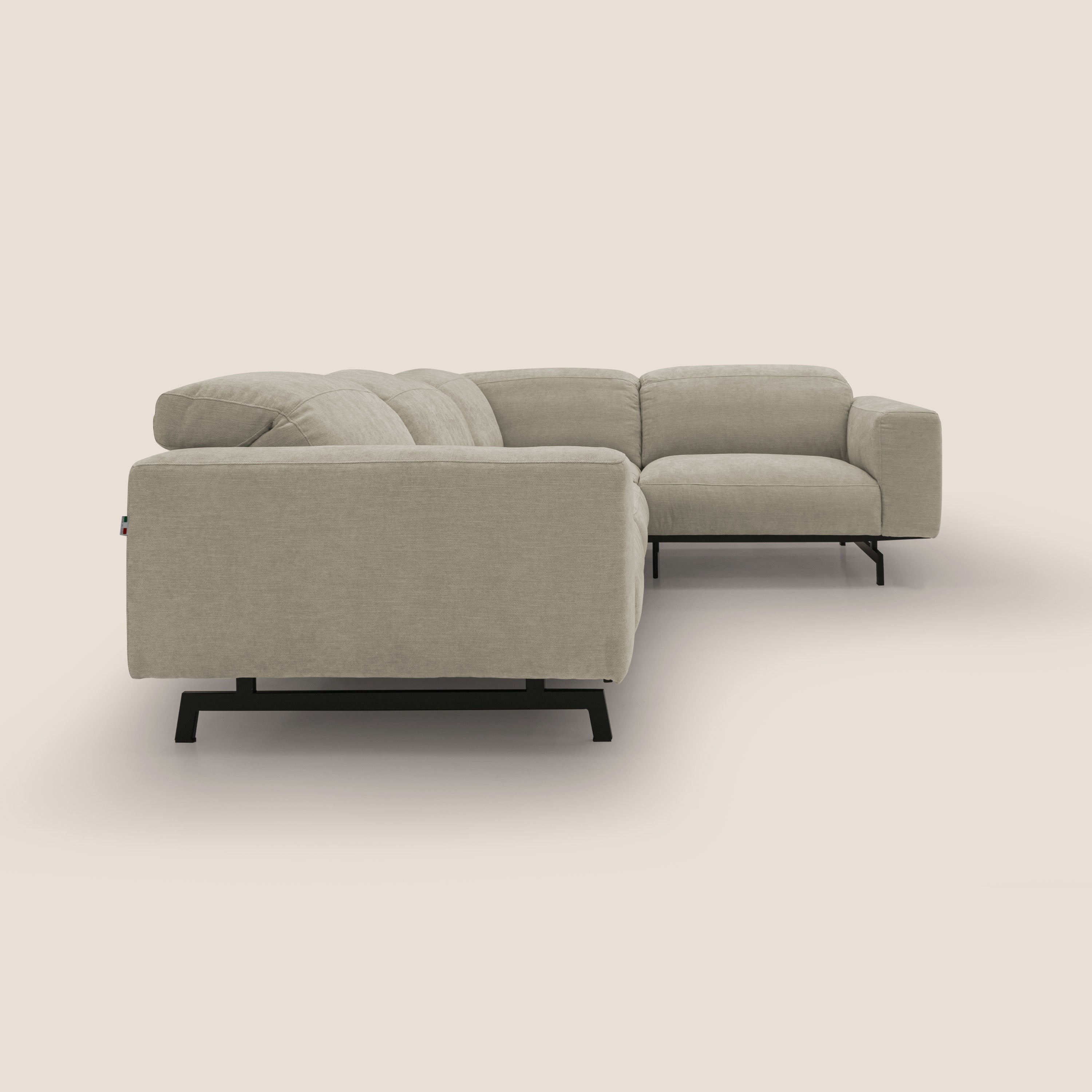 Sakura divano in piuma d'oca angolare REVERSIBILE in morbido tessuto fiammato impermeabile T14 tortora - divani.store