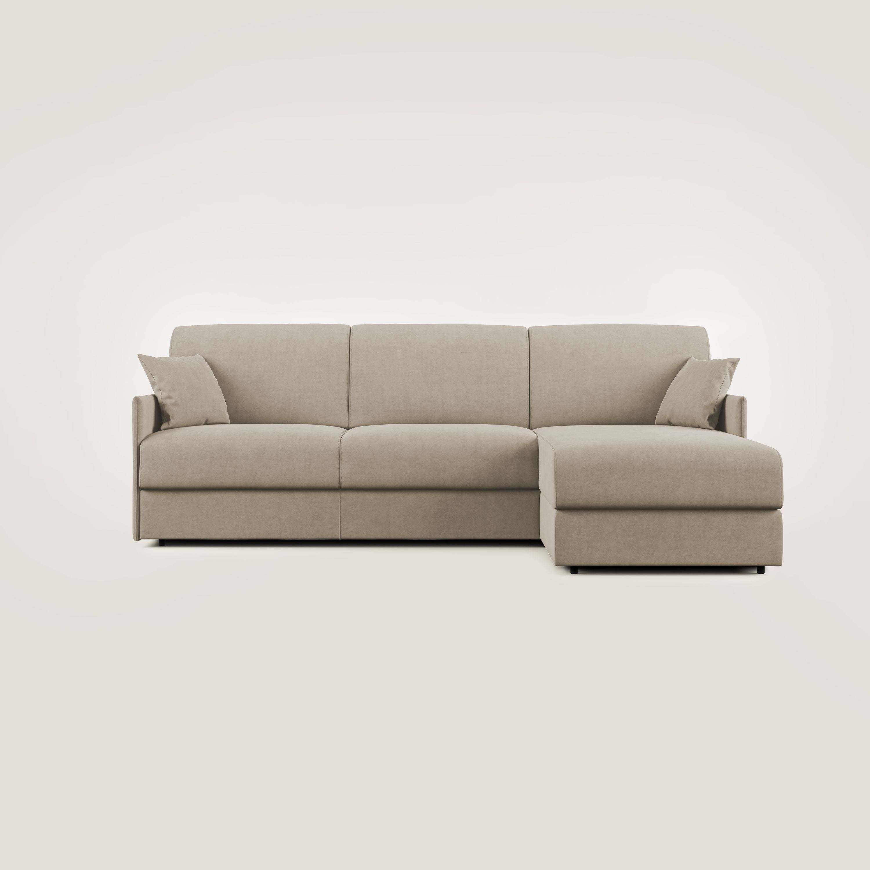 Evans Divano letto angolare con penisola in morbido tessuto impermeabile T02 beige - divani.store
