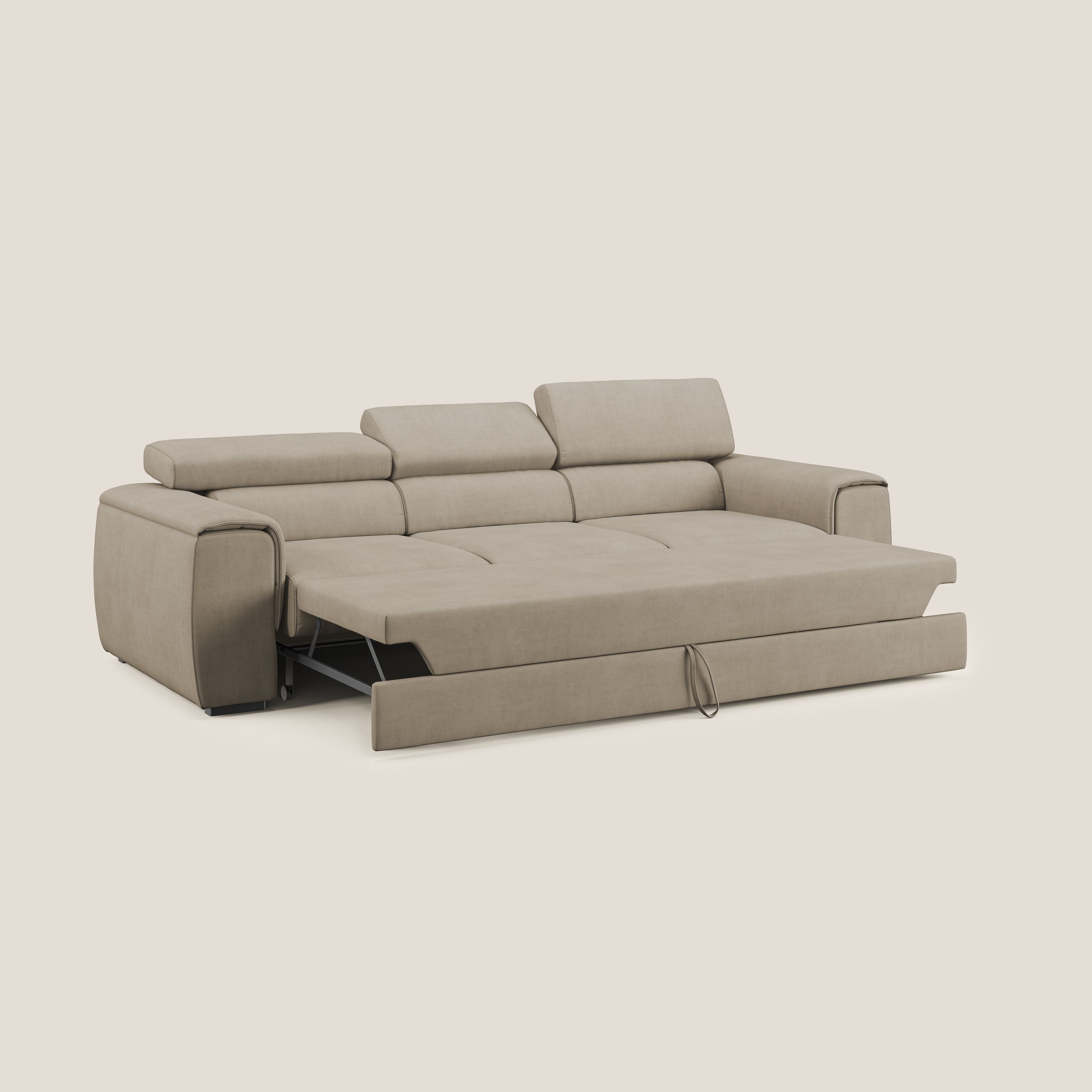 Zeno Divano con pouf estraibile poggiapiedi a 3 sedute in tessuto morbido impermeabile T02 beige - divani.store