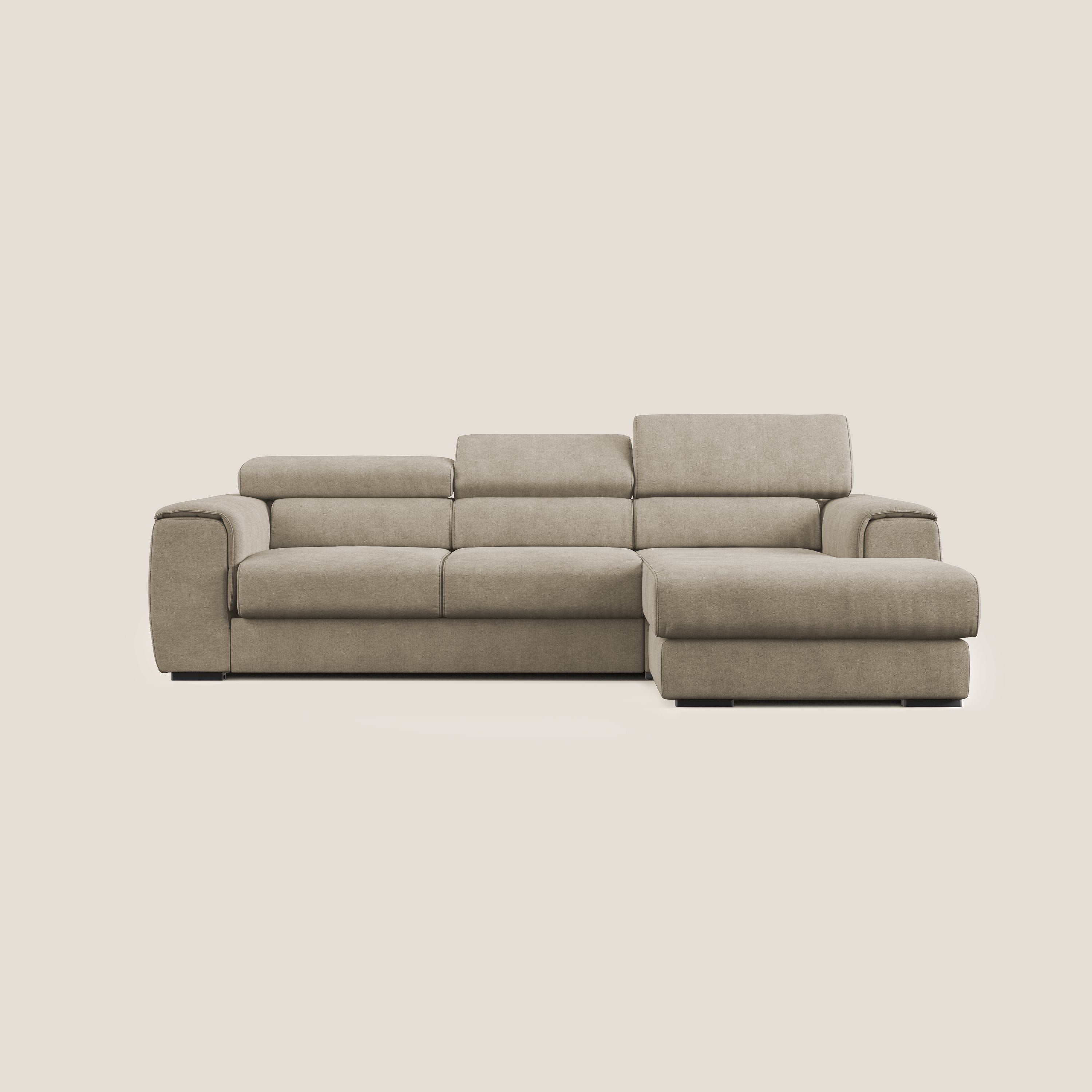 Zeno Divano angolare con pouf estraibile poggiapiedi in tessuto morbido impermeabile T02 beige - divani.store