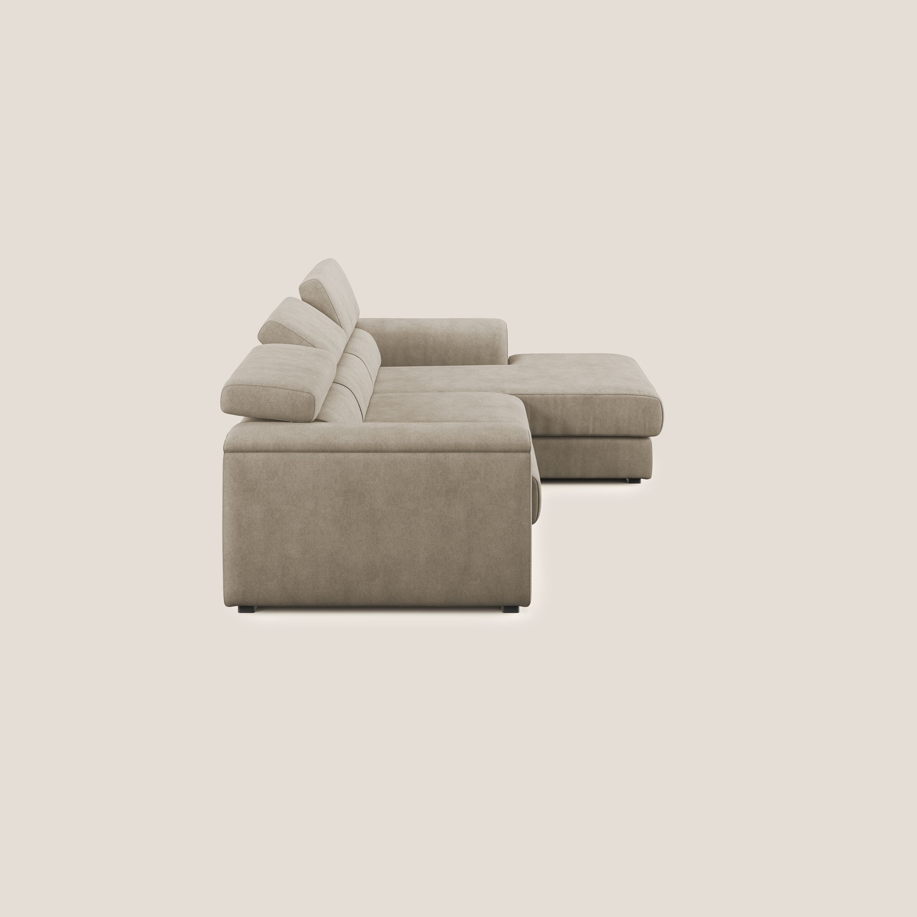 Zeno Divano angolare con pouf estraibile poggiapiedi in tessuto morbido impermeabile T02 beige - divani.store