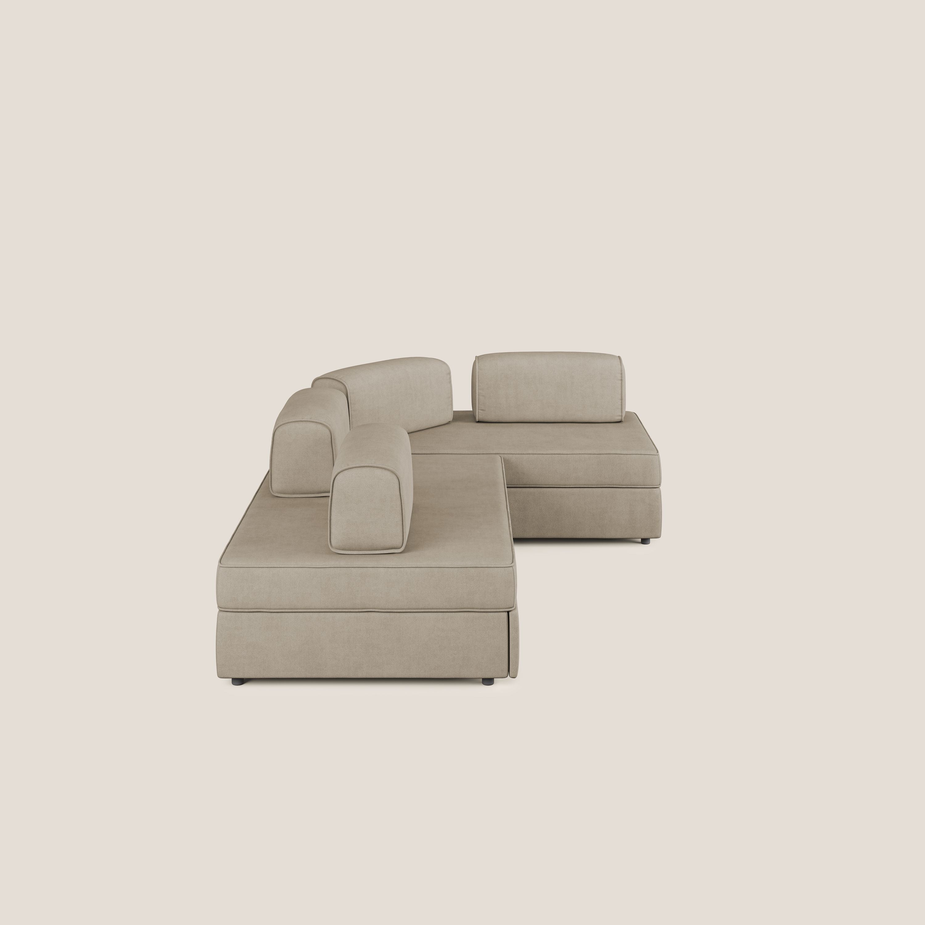 Liberty divano angolare con pouf estraibile e schienali movibili in tessuto morbido impermeabile T02 beige - divani.store