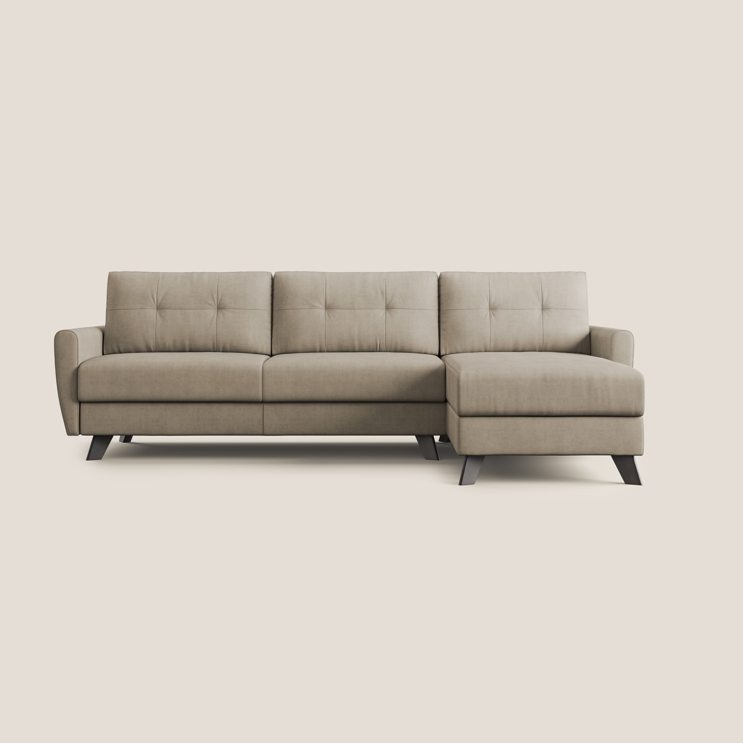 Callisto Divano letto angolare con penisola in tessuto morbido impermeabile T02 beige - divani.store