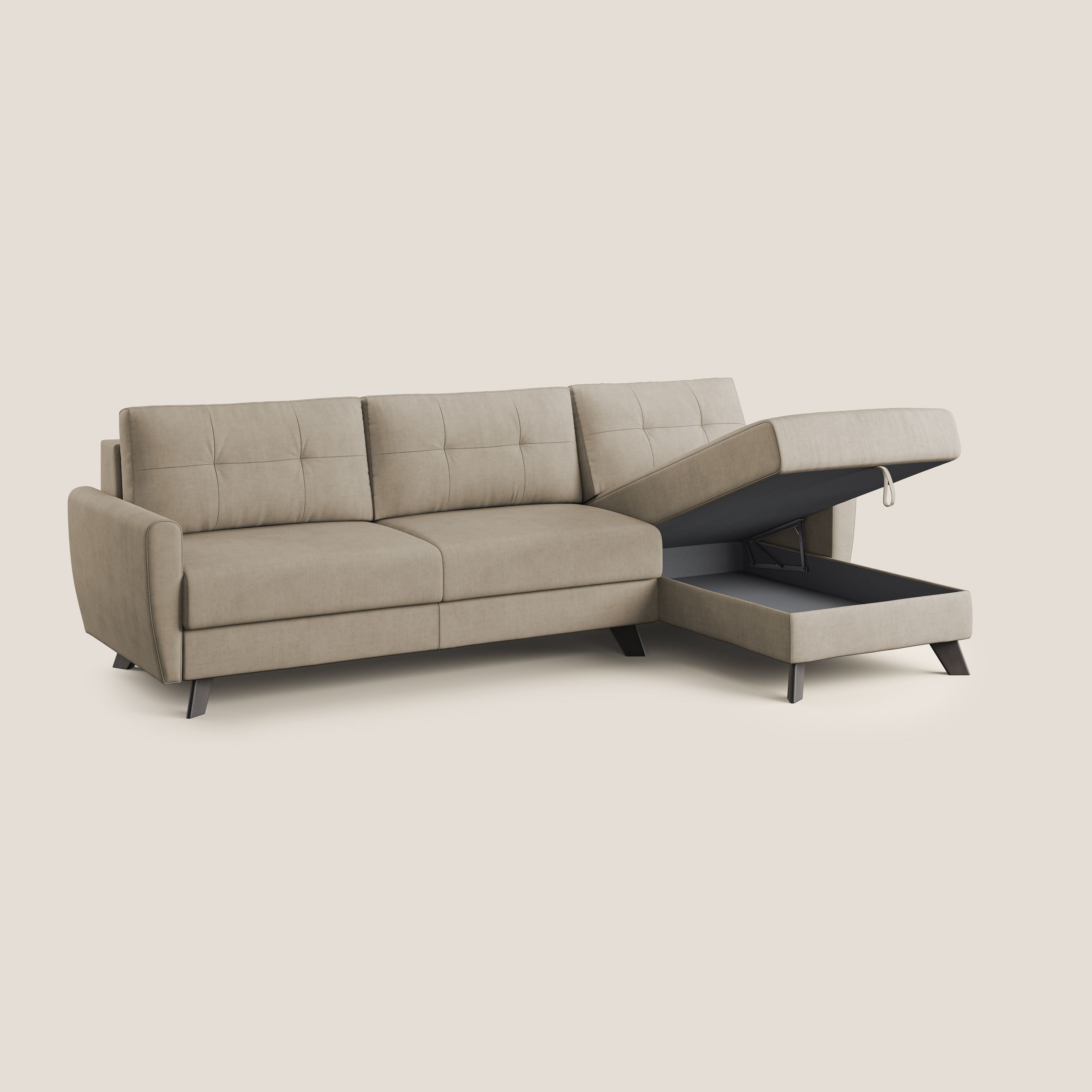 Callisto Divano letto angolare con penisola in tessuto morbido impermeabile T02 beige - divani.store