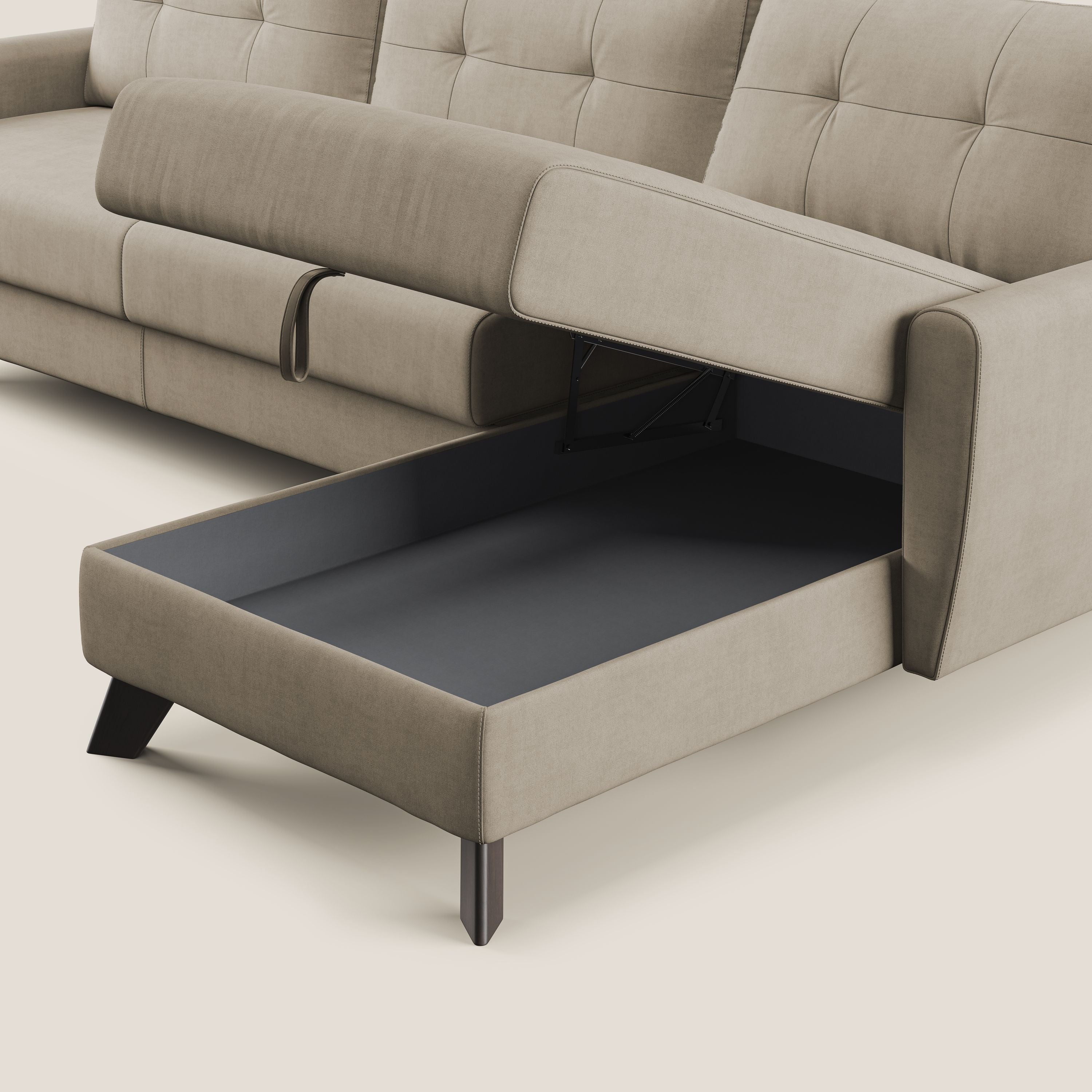 Callisto Divano letto angolare con penisola in tessuto morbido impermeabile T02 beige - divani.store