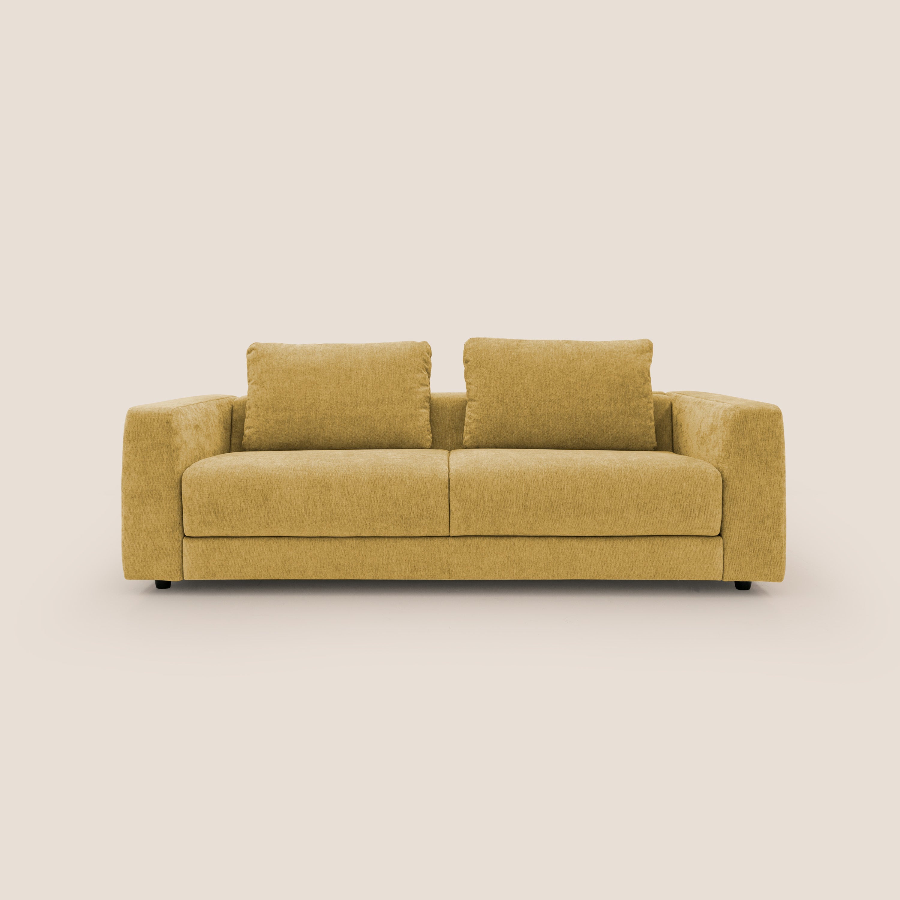 Freia Divano letto minimal materasso h15 cm con morbidi schienali in tessuto impermeabile T14 giallo - divani.store