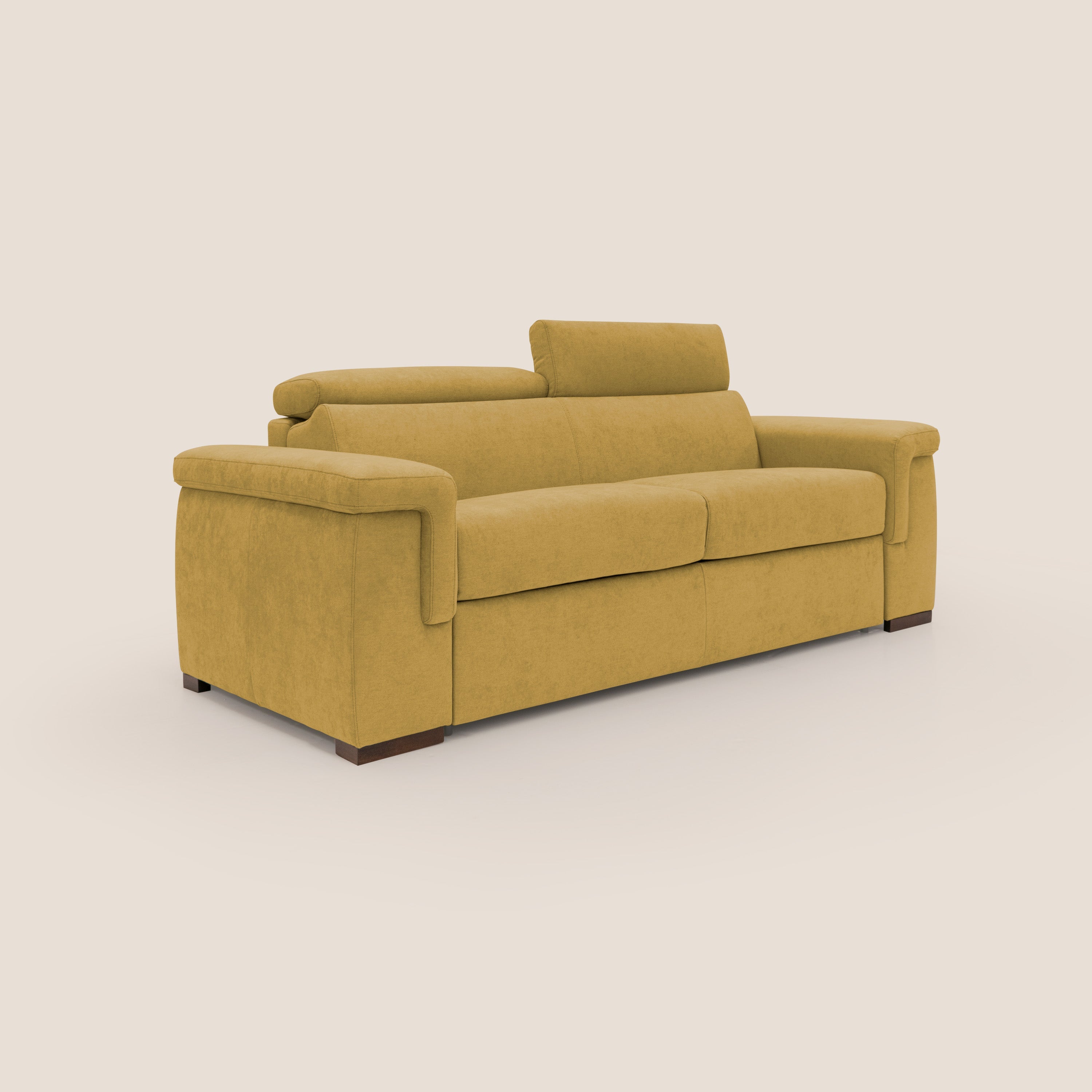 Giunone divano letto con materasso alto 18 cm e poggiatesta reclinabili in tessuto impermeabile T02 giallo - divani.store