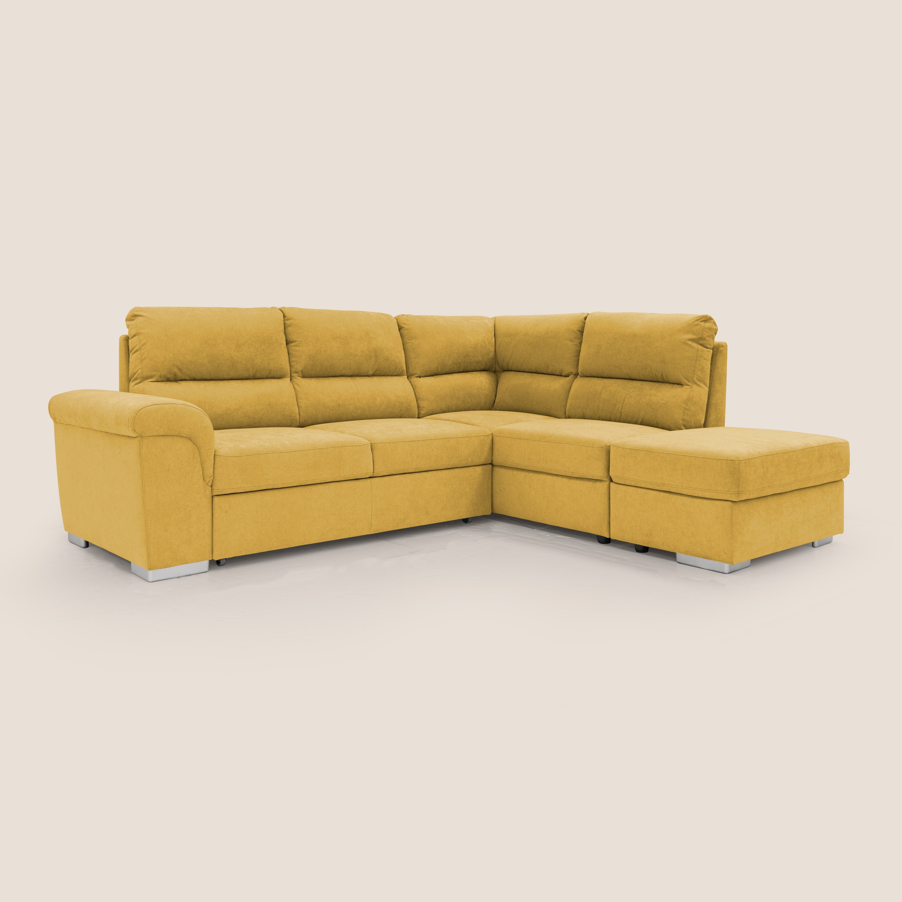 Minerva divano angolare con estraibile a cassettone e pouf contenitore in tessuto morbido impermeabile T02 giallo - divani.store