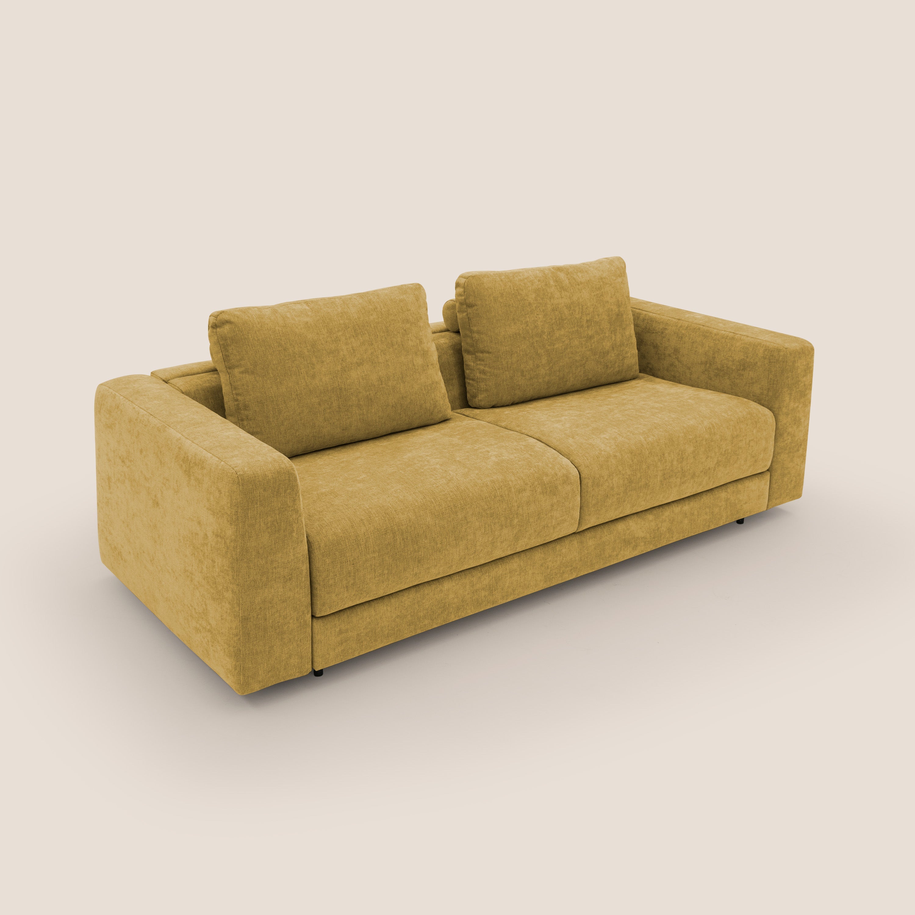 Freia Divano letto minimal materasso h15 cm con morbidi schienali in tessuto impermeabile T14 giallo - divani.store