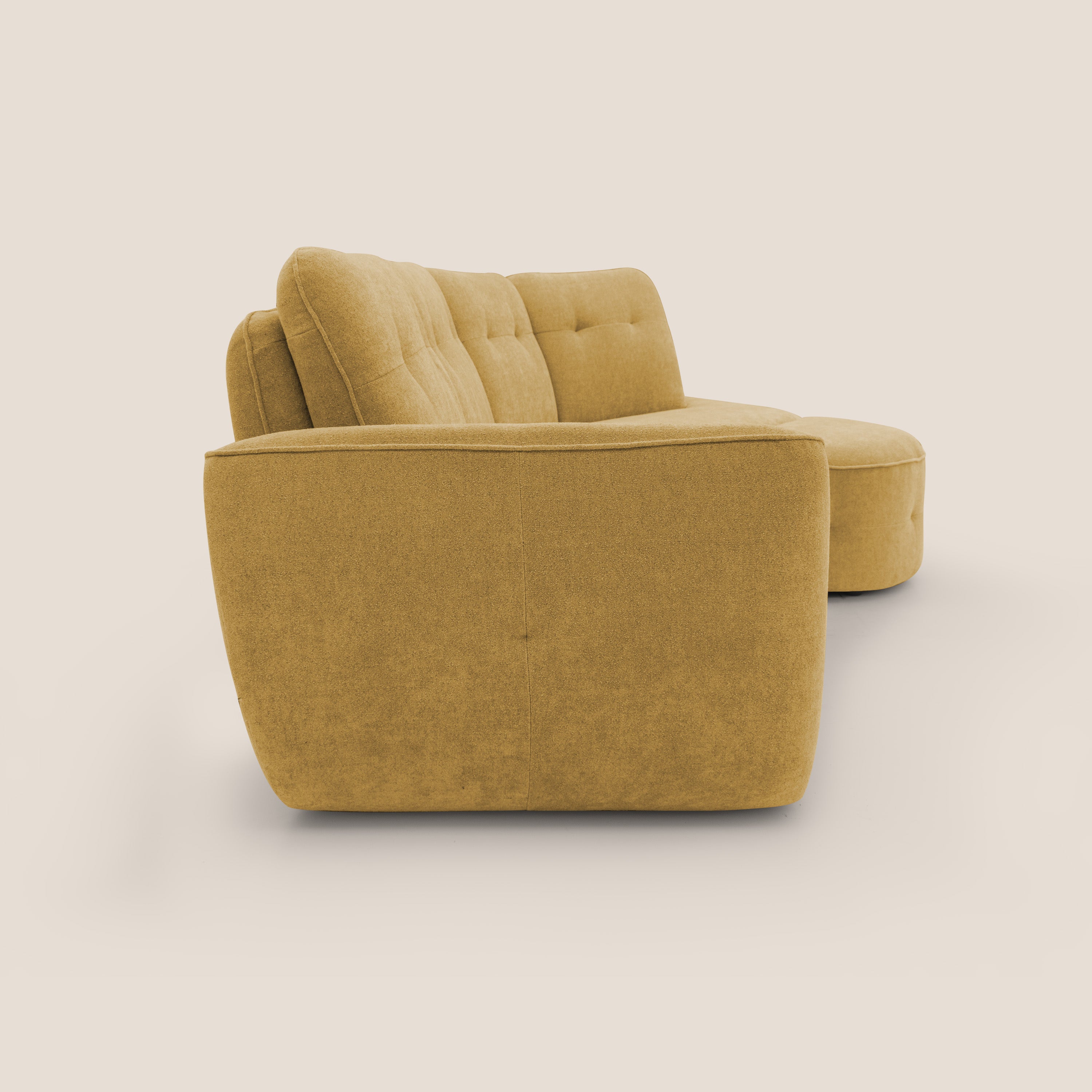 Cerbero divano angolare con pouf mobile in morbido bouclé impermeabile T07 giallo - divani.store