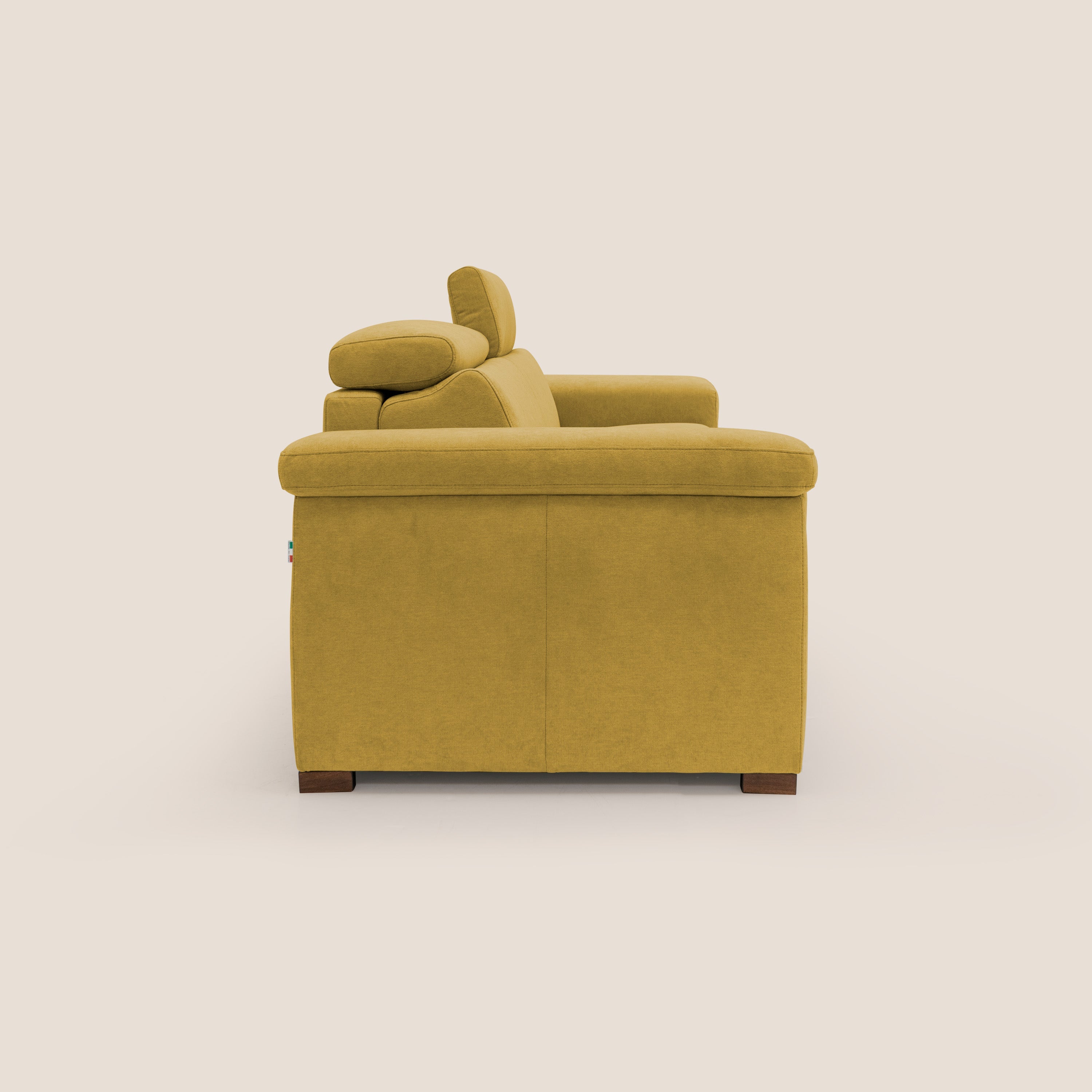 Giunone divano letto con materasso alto 18 cm e poggiatesta reclinabili in tessuto impermeabile T02 giallo - divani.store