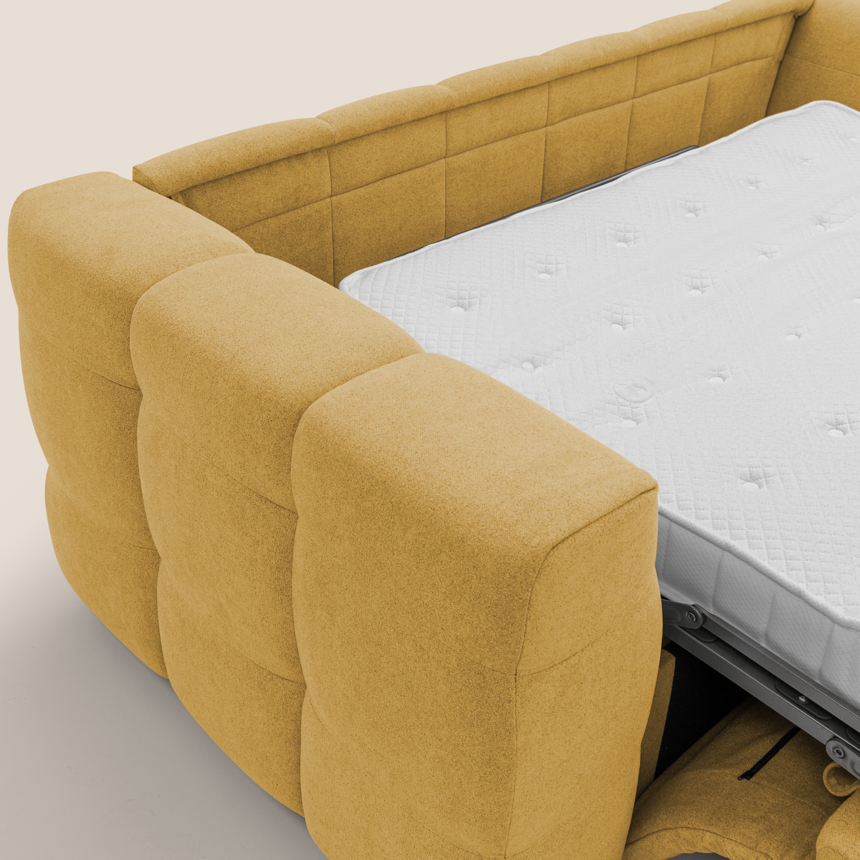 Tender Divano letto matrimoniale dal design innovativo in tessuto bouclet impermeabile T07 giallo - divani.store