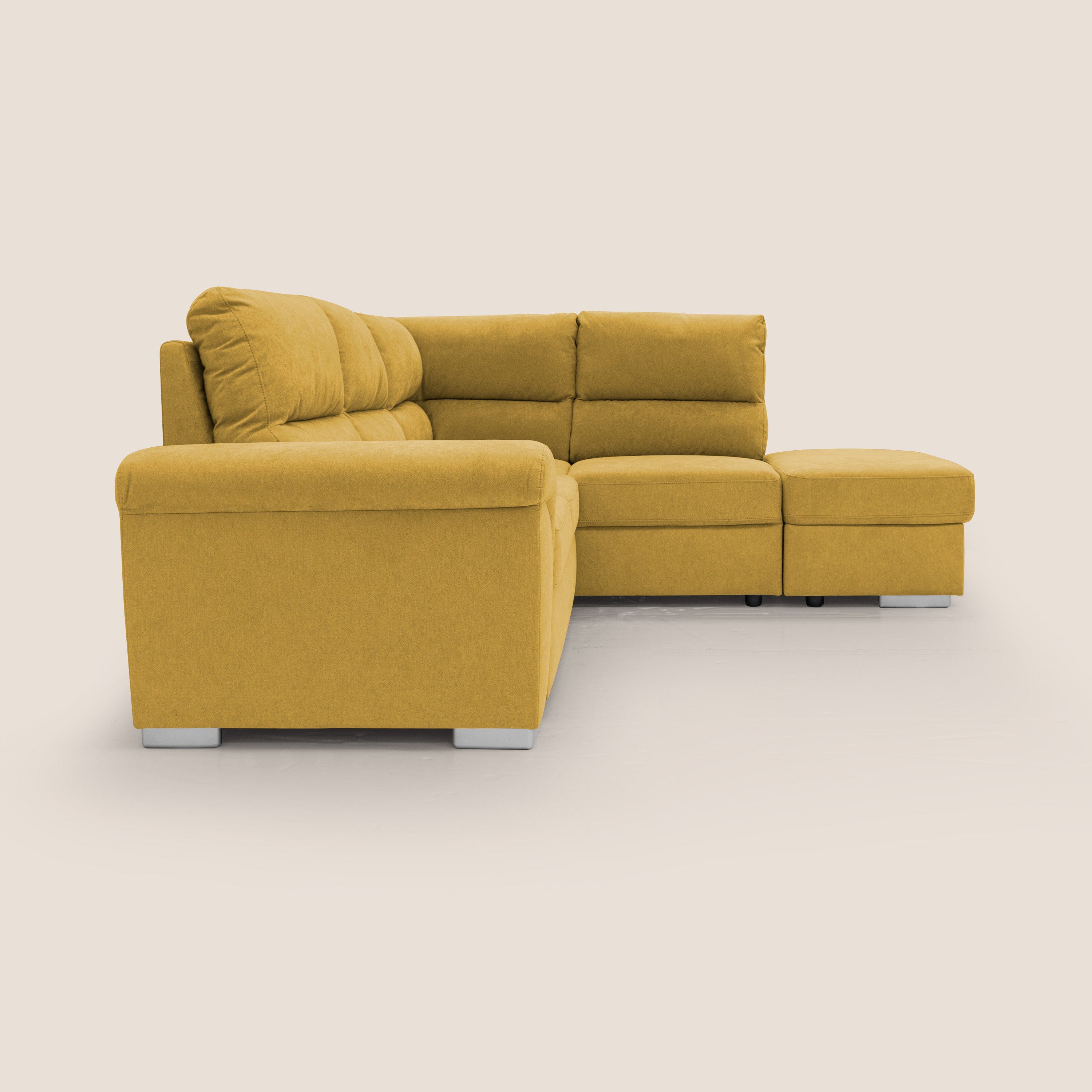 Minerva divano angolare con estraibile a cassettone e pouf contenitore in tessuto morbido impermeabile T02 giallo - divani.store