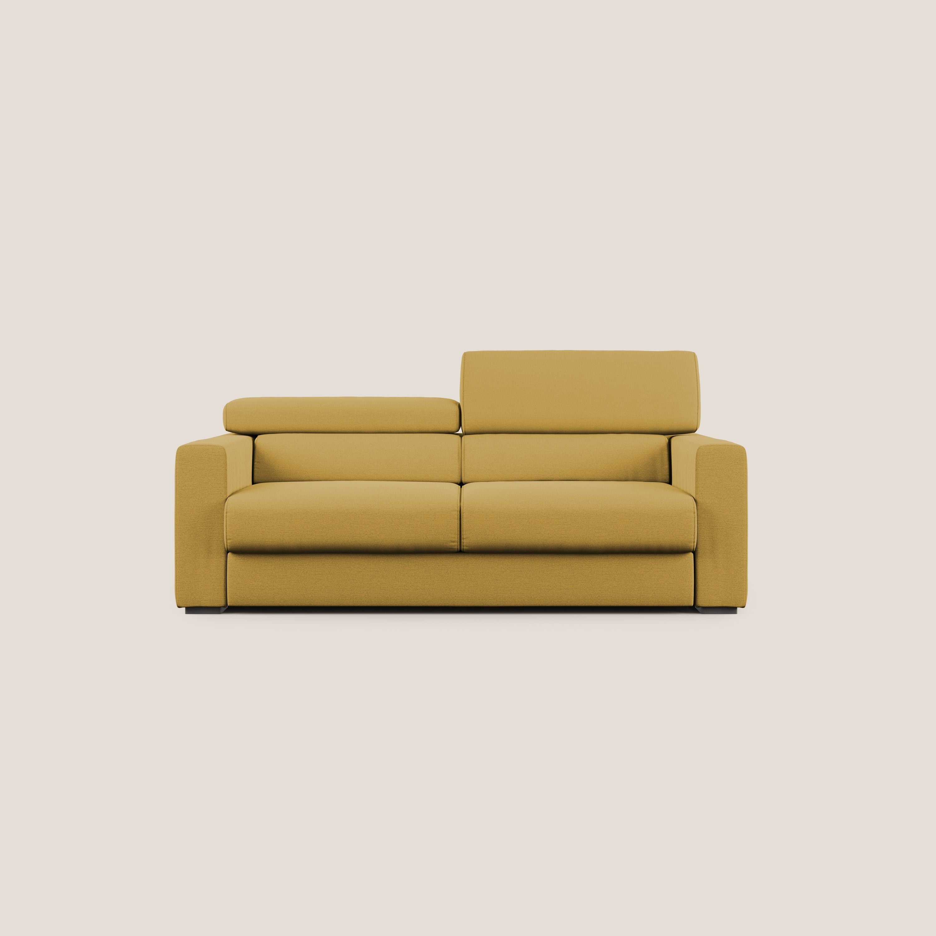 Dylan divano allungabile con pouf estraibile poggiapiedi in tessuto fiammato simil cotone impermeabile T19 giallo - divani.store