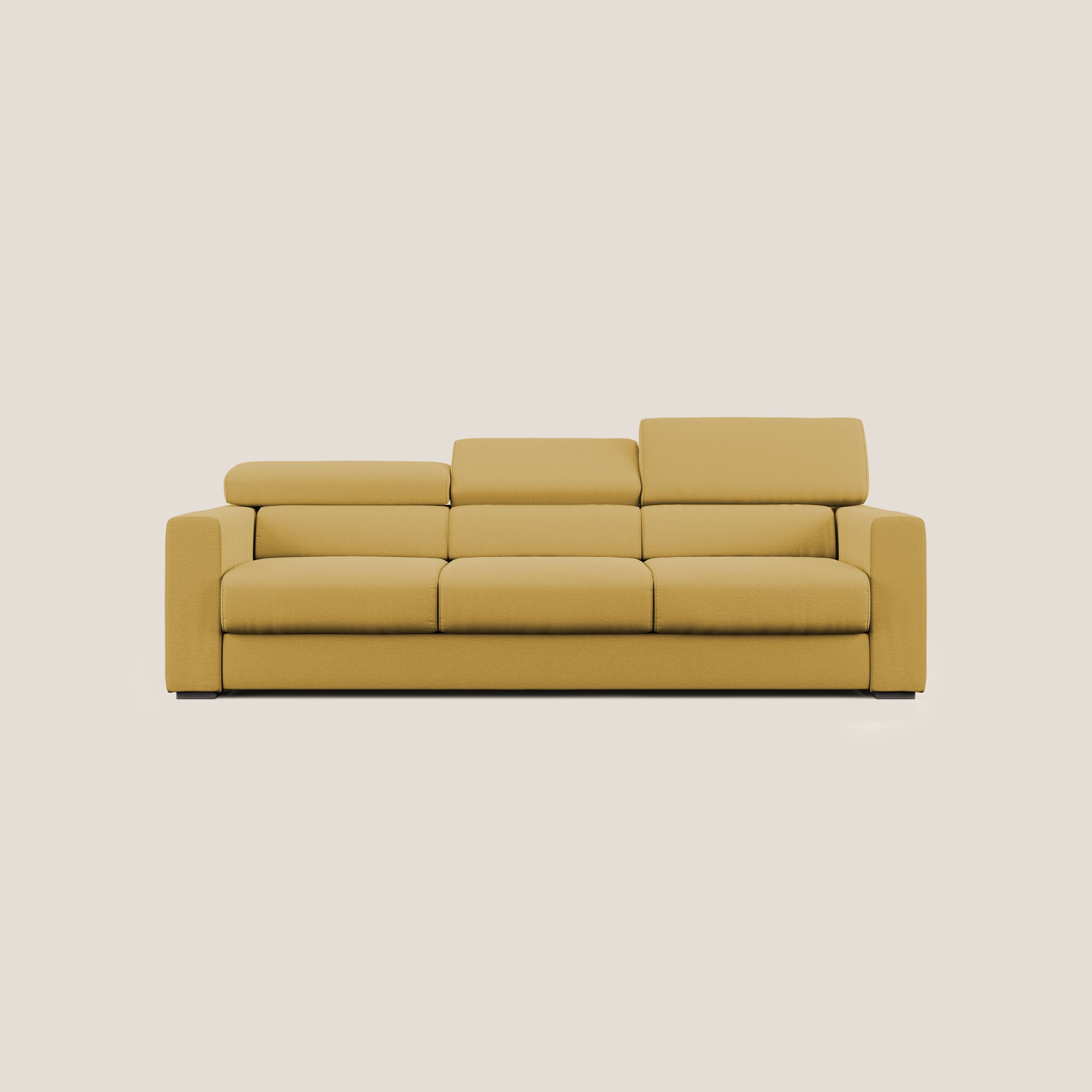 Dylan divano a 3 sedute con pouf estraibile poggiapiedi in tessuto fiammato simil cotone impermeabile T19 giallo - divani.store