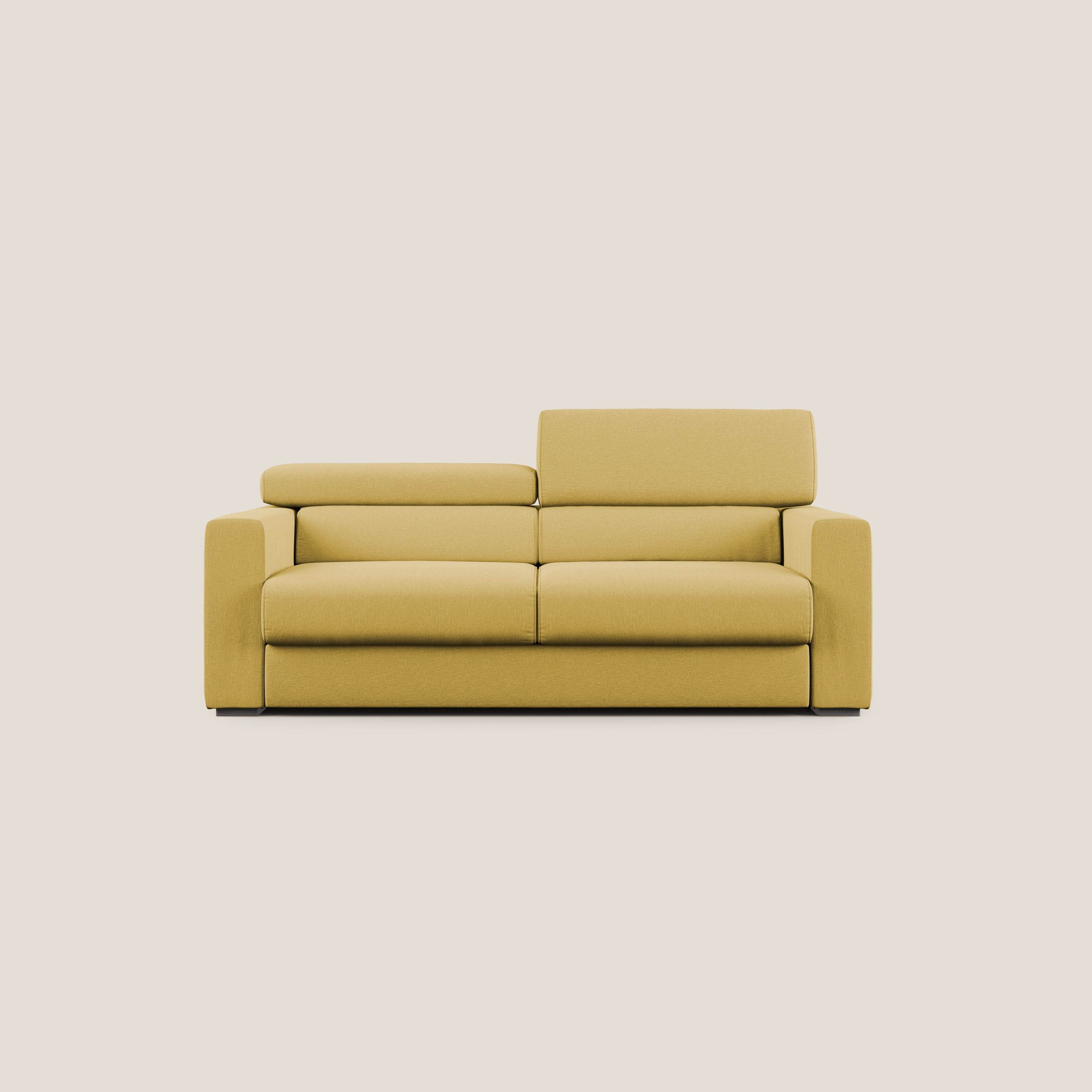 Dylan divano allungabile con pouf estraibile poggiapiedi in tessuto simil cotone impermeabile T13 giallo - divani.store