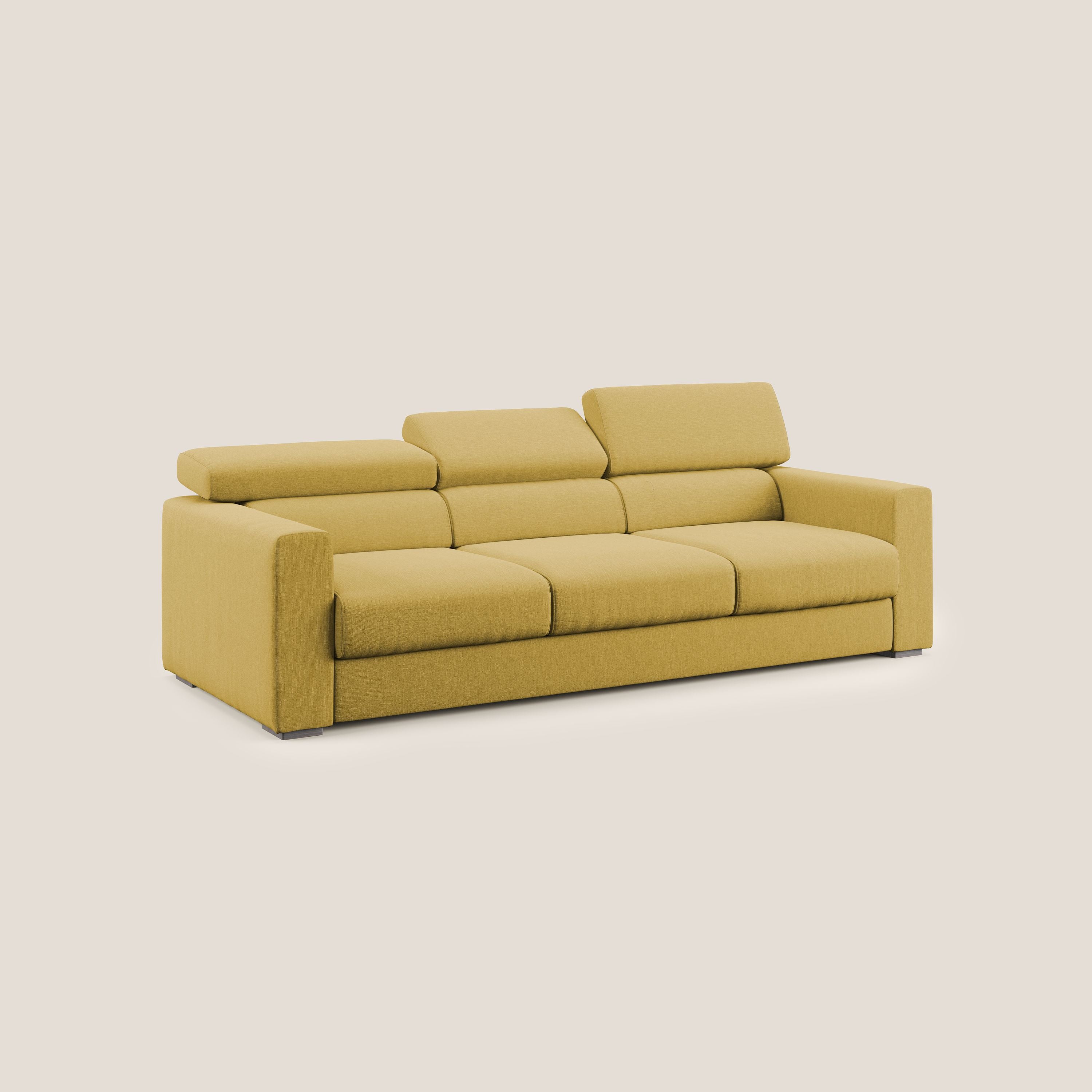 Dylan divano a 3 sedute con pouf estraibile poggiapiedi in tessuto simil cotone impermeabile T13 giallo - divani.store