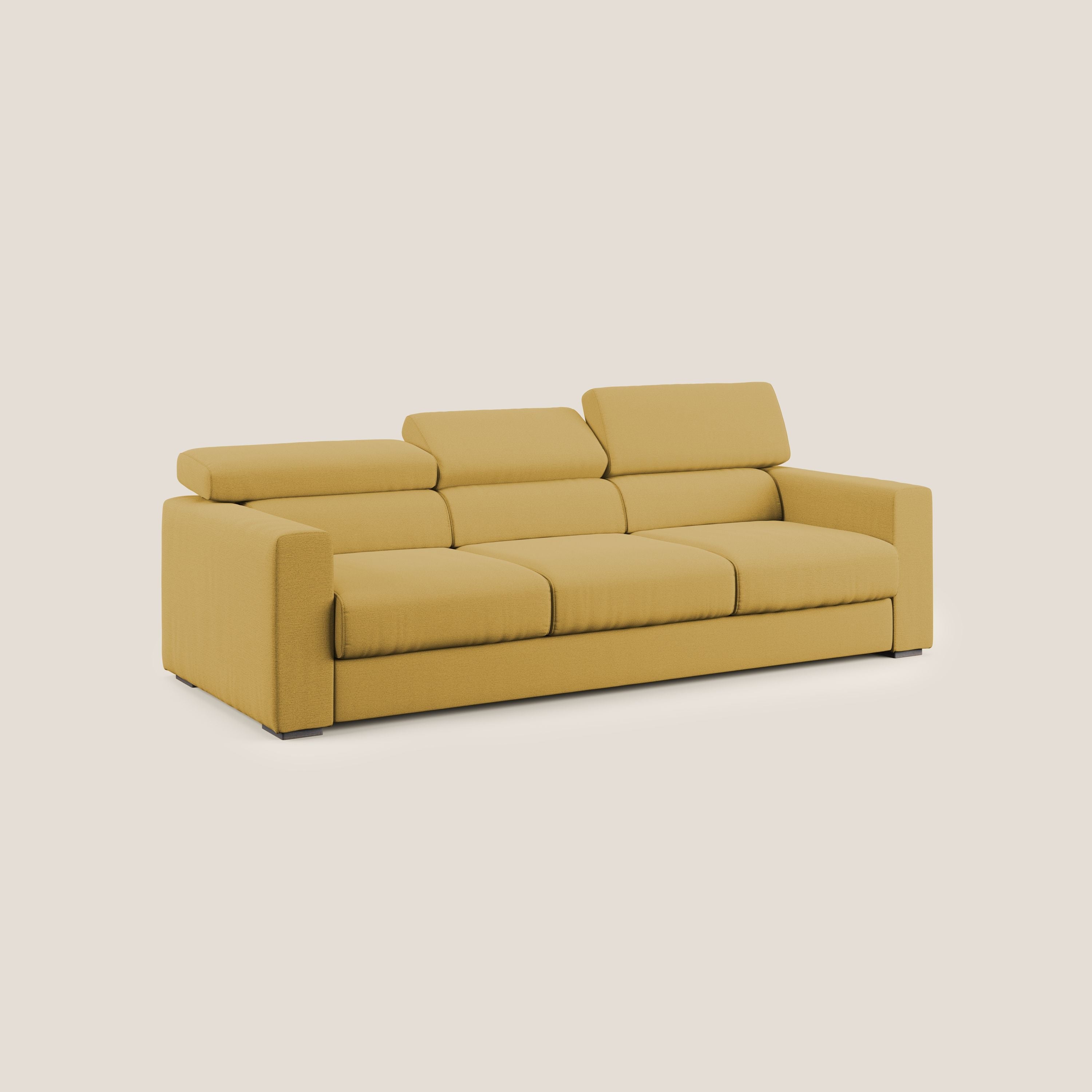 Dylan divano a 3 sedute con pouf estraibile poggiapiedi in tessuto fiammato simil cotone impermeabile T19 giallo - divani.store