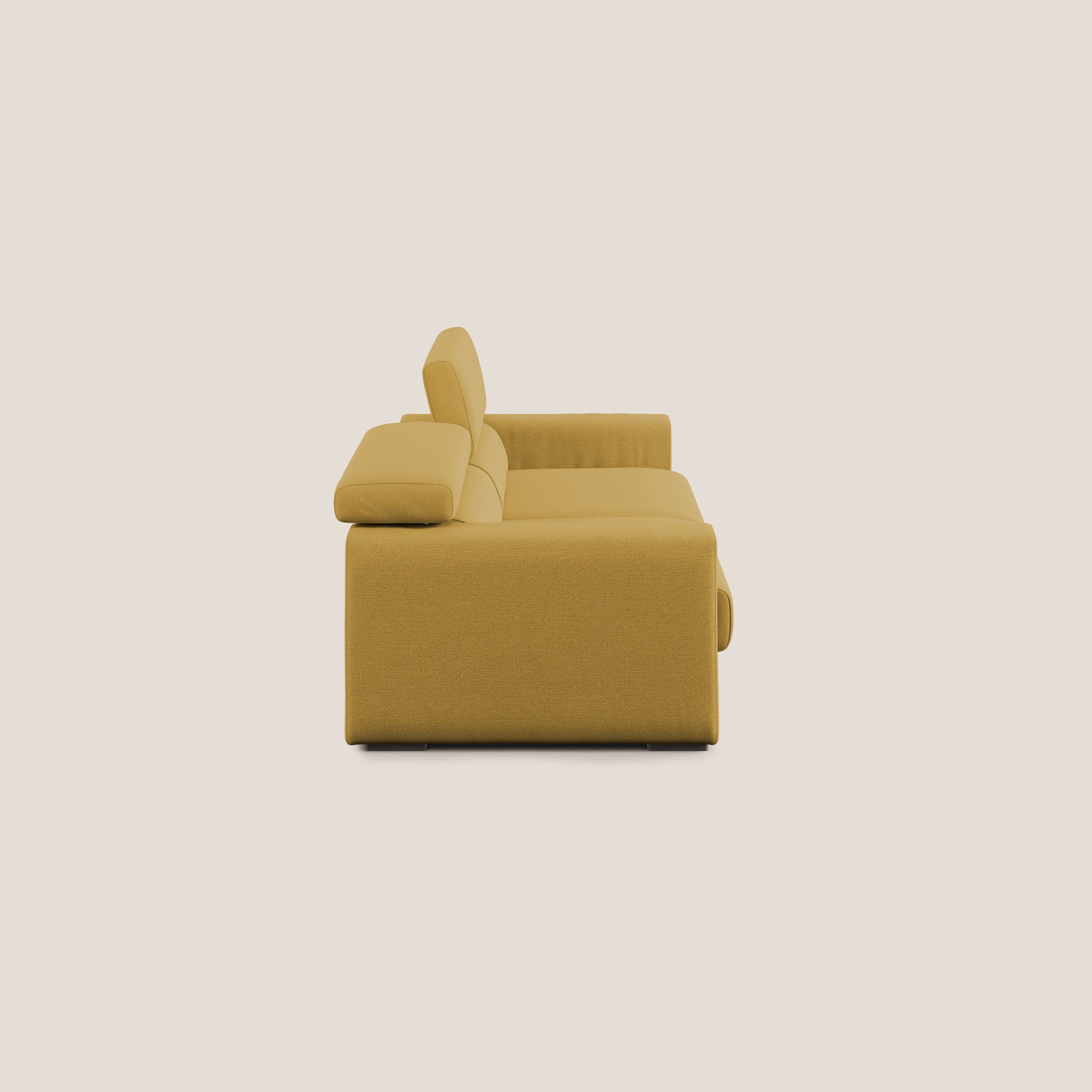Dylan divano allungabile con pouf estraibile poggiapiedi in tessuto fiammato simil cotone impermeabile T19 giallo - divani.store