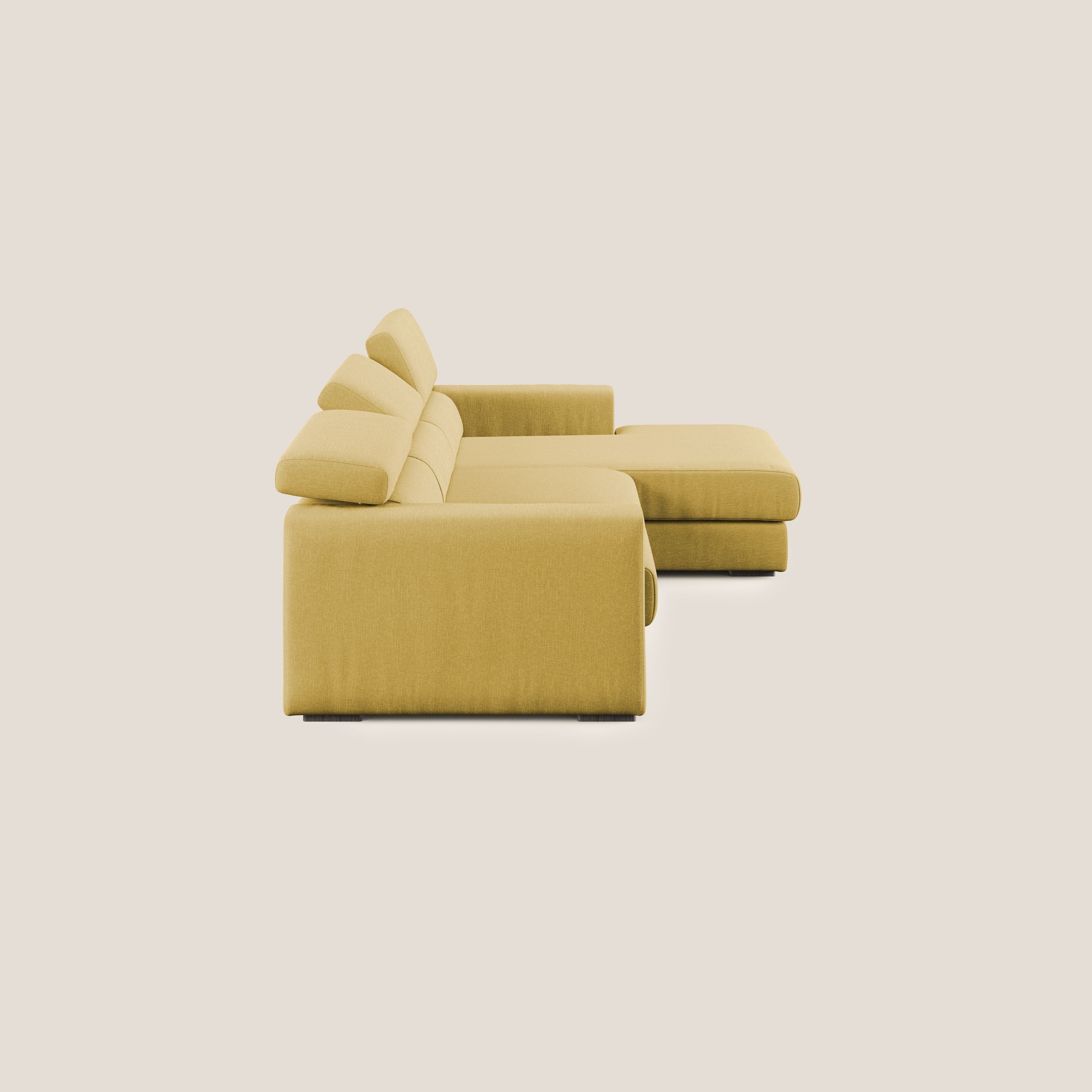 Dylan divano angolare con pouf estraibile poggiapiedi in tessuto simil cotone impermeabile T13 giallo - divani.store