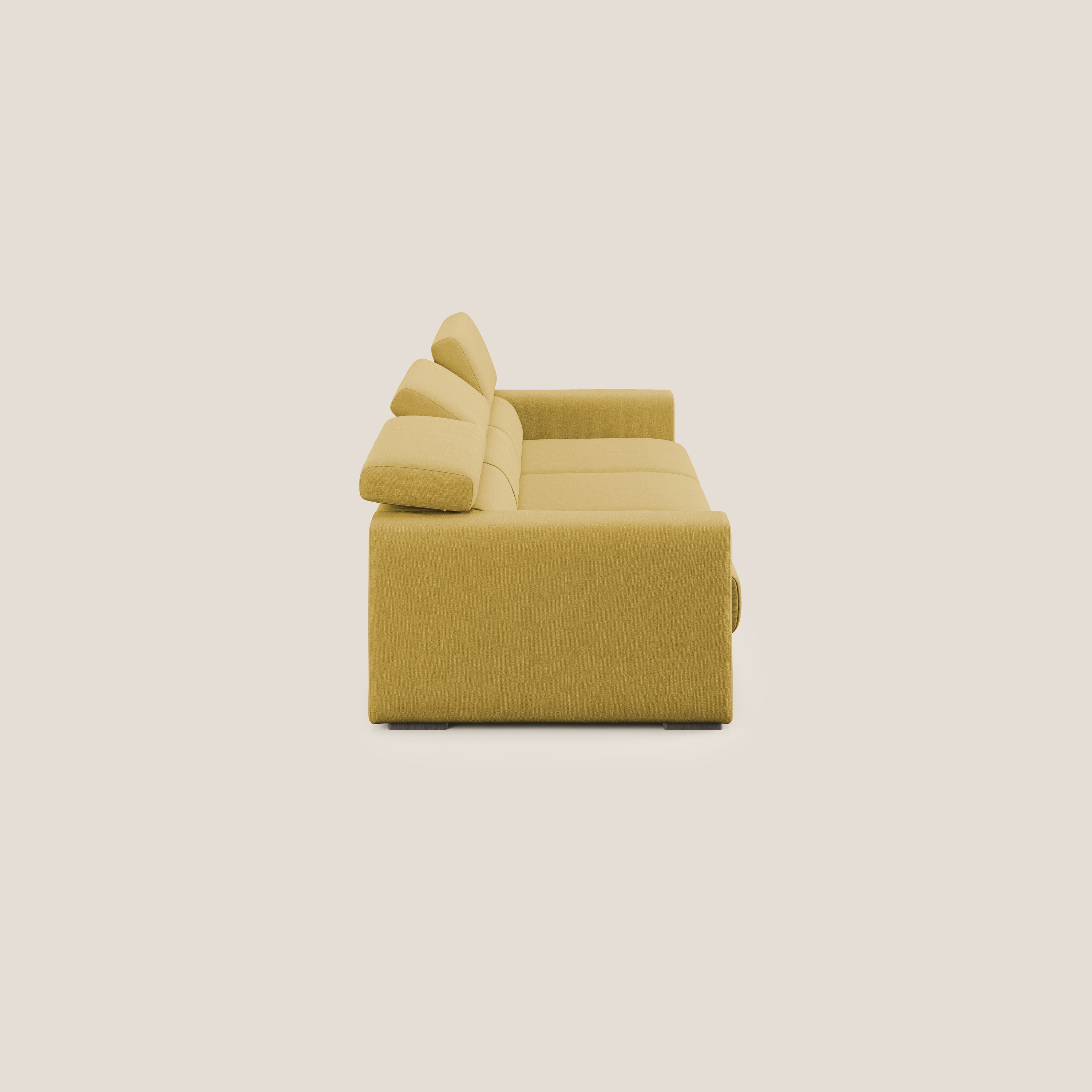 Dylan divano a 3 sedute con pouf estraibile poggiapiedi in tessuto simil cotone impermeabile T13 giallo - divani.store