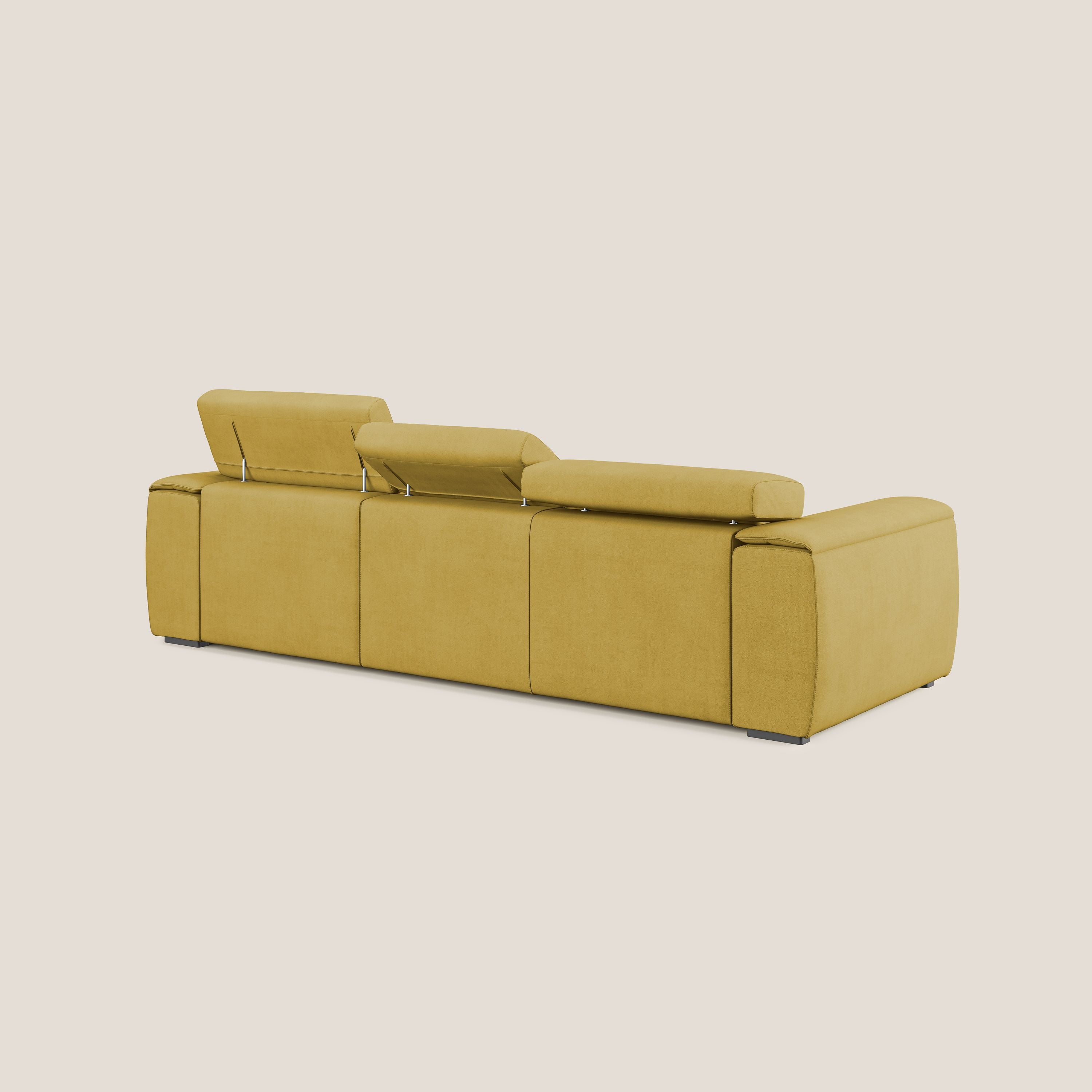 Zeno Divano con pouf estraibile poggiapiedi a 3 sedute in tessuto morbido impermeabile T02 giallo - divani.store