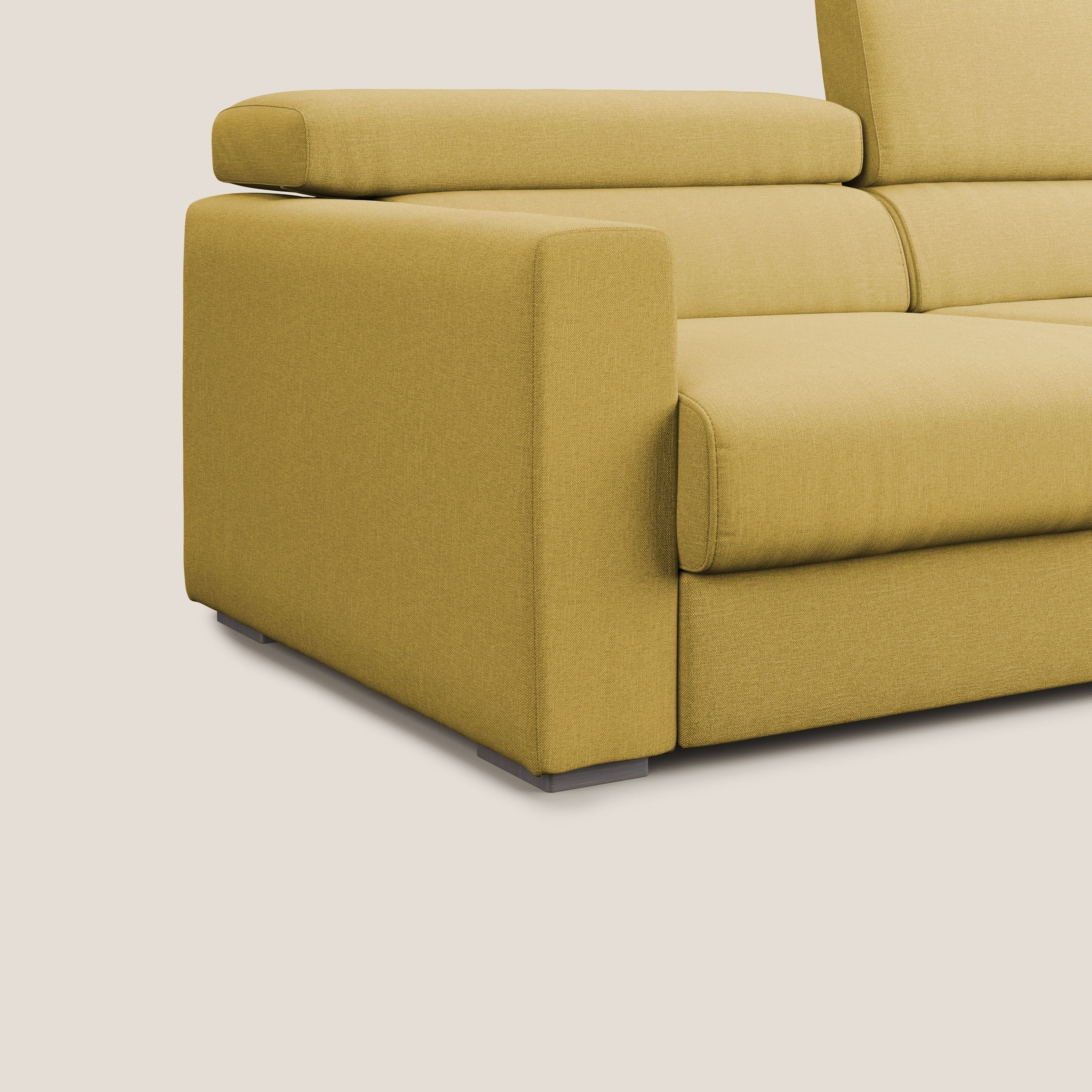 Dylan divano allungabile con pouf estraibile poggiapiedi in tessuto simil cotone impermeabile T13 giallo - divani.store
