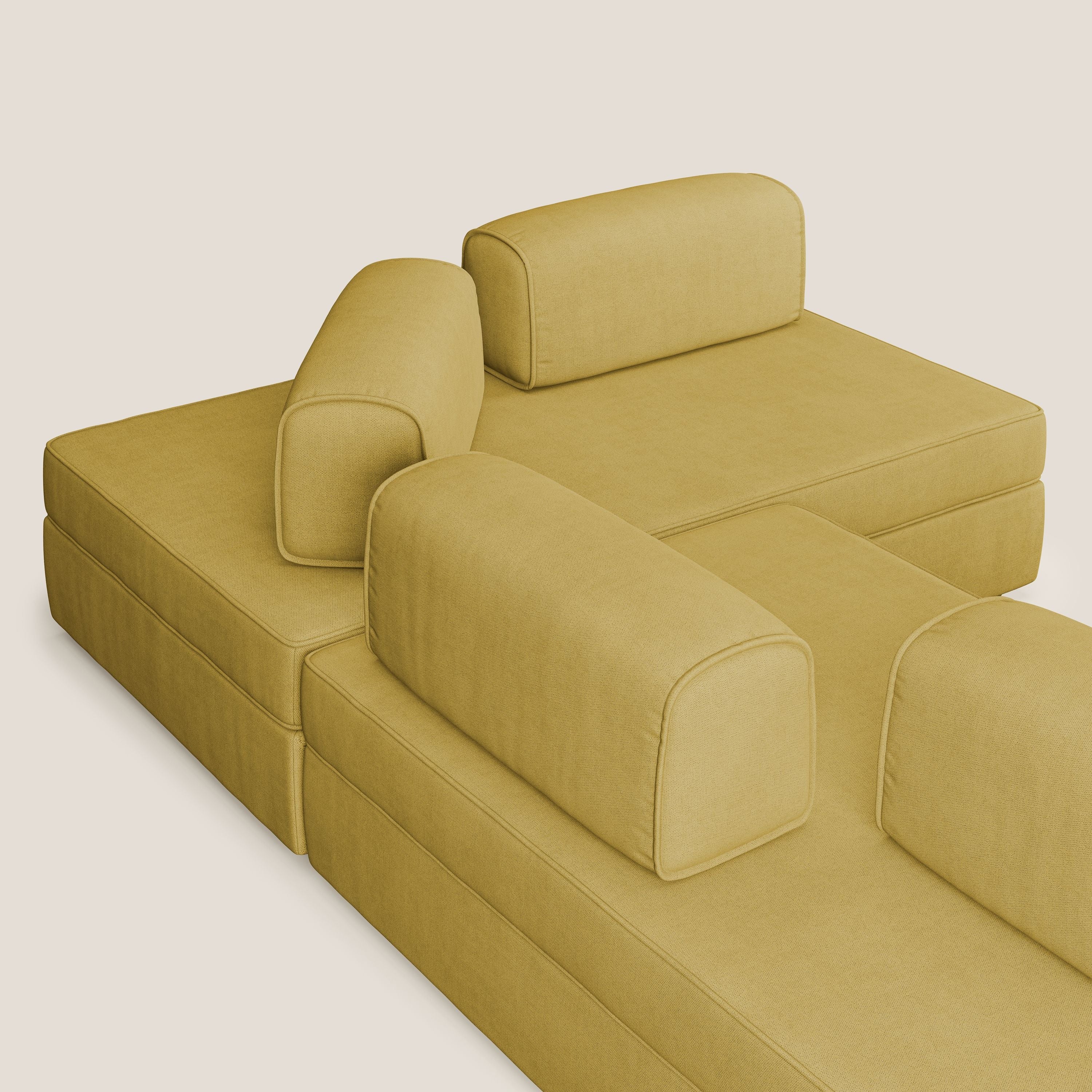 Liberty divano angolare con pouf estraibile e schienali movibili in tessuto morbido impermeabile T02 giallo - divani.store