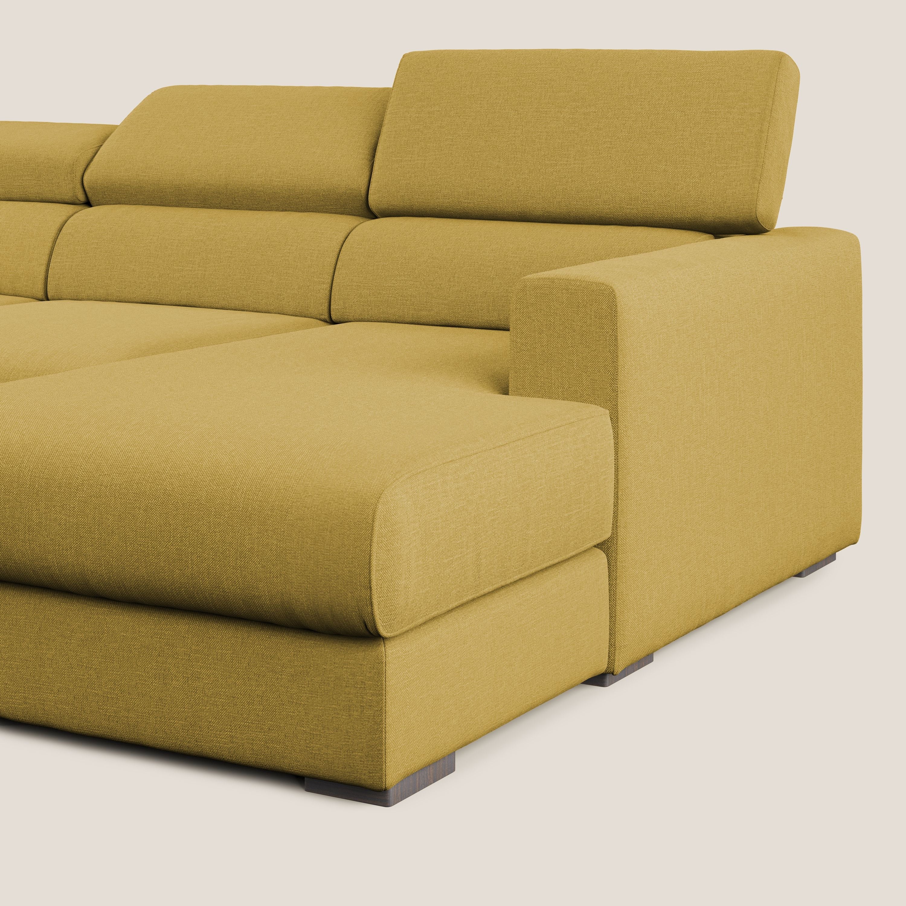 Dylan divano angolare con pouf estraibile poggiapiedi in tessuto simil cotone impermeabile T13 giallo - divani.store