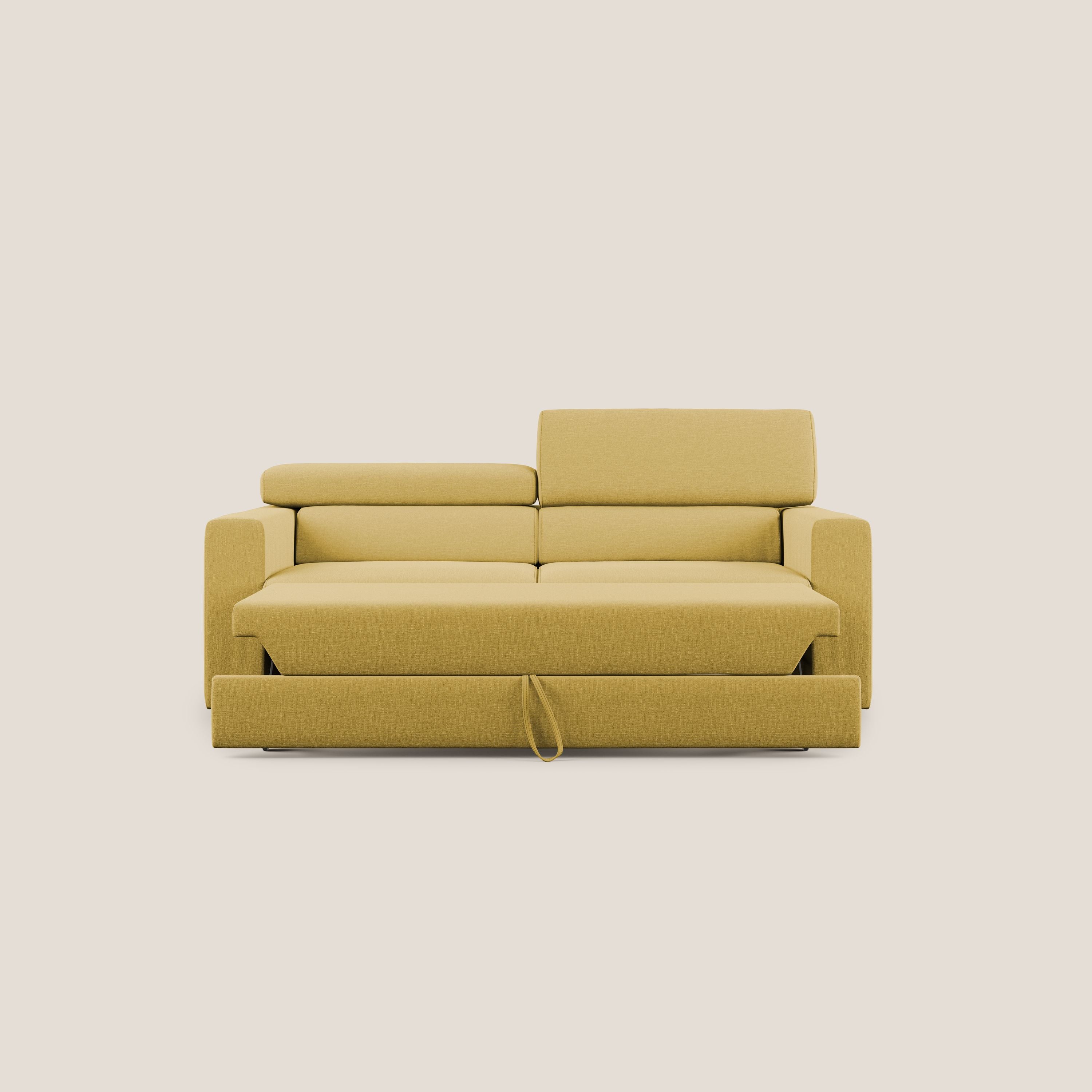 Dylan divano allungabile con pouf estraibile poggiapiedi in tessuto simil cotone impermeabile T13 giallo - divani.store