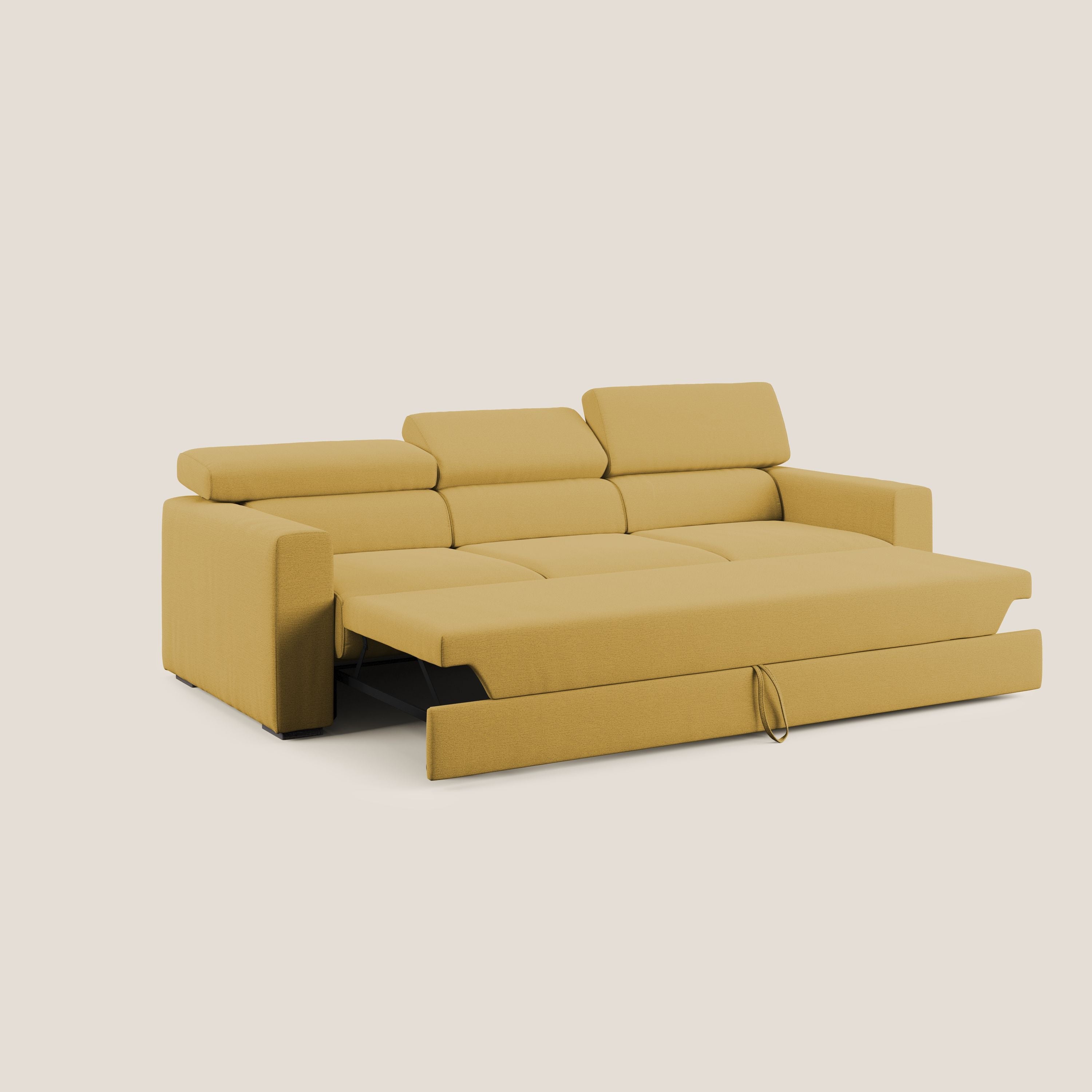 Dylan divano a 3 sedute con pouf estraibile poggiapiedi in tessuto fiammato simil cotone impermeabile T19 giallo - divani.store