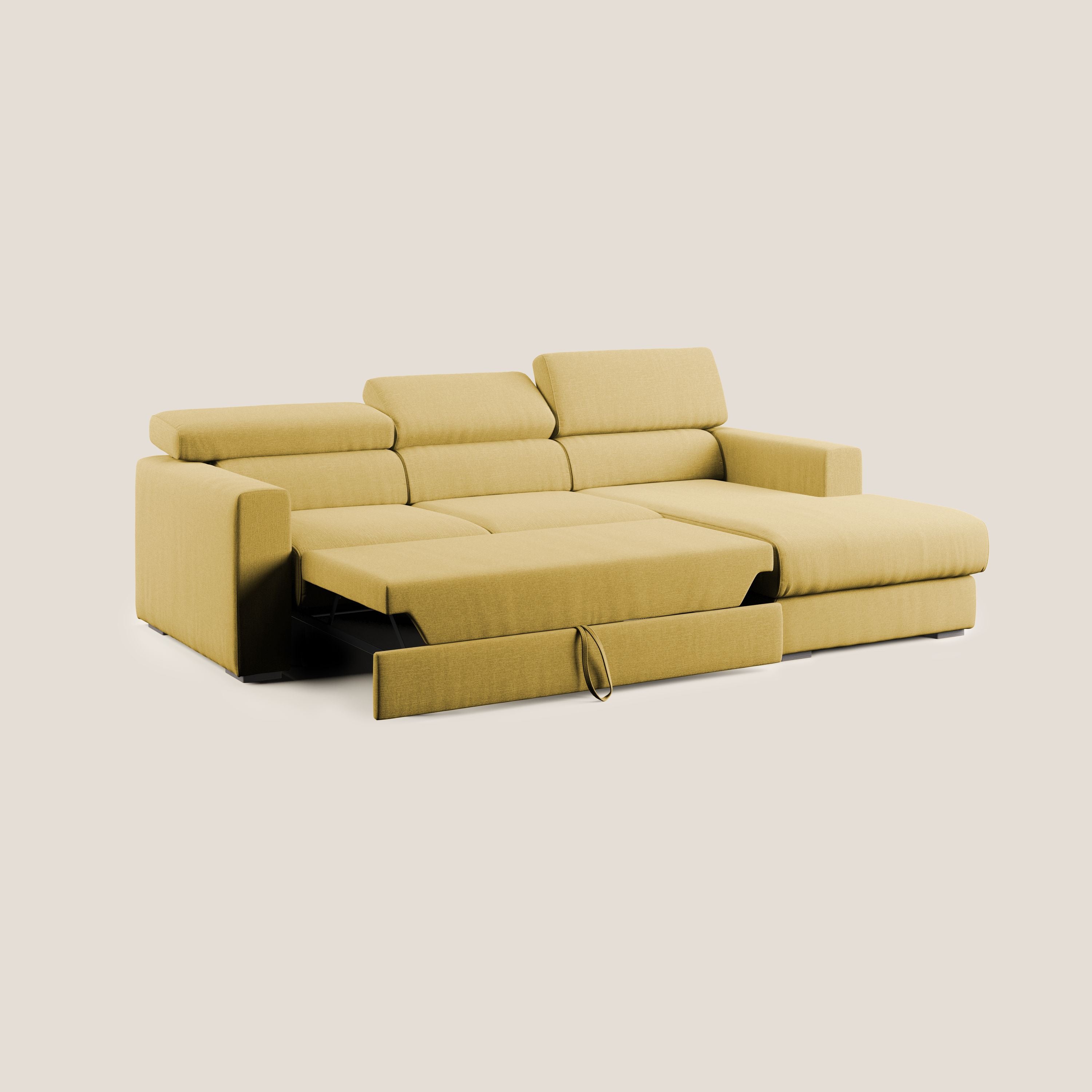 Dylan divano angolare con pouf estraibile poggiapiedi in tessuto simil cotone impermeabile T13 giallo - divani.store
